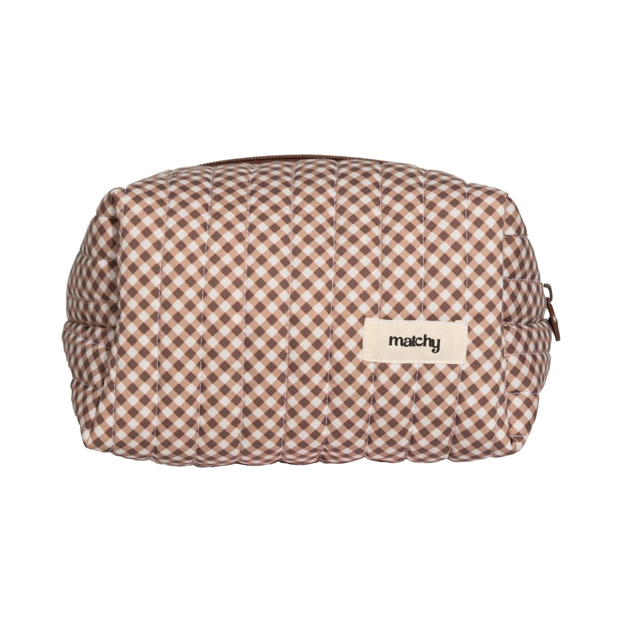 Brown and cream gingham quilted carry-all bag with a 'matchy' label on a white background. Matchy Chocolate Gingham Custom Embroidery Carry-All Bag, a personalised makeup bag.