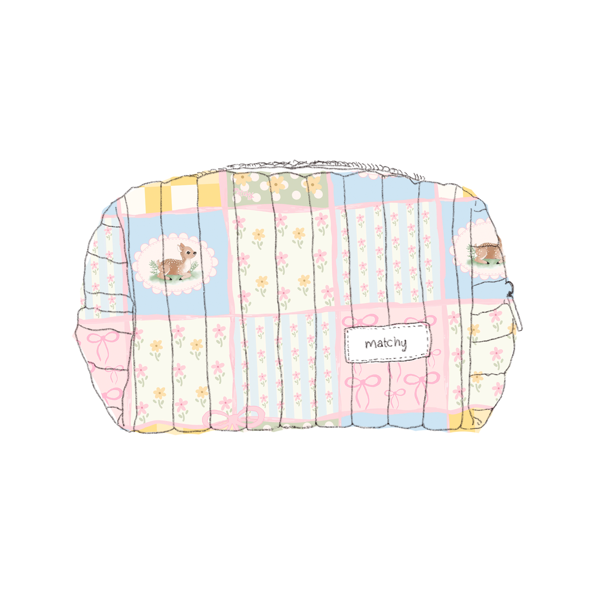Illustration of a quilted pastel patchwork carry-all bag in pink, blue, yellow and cream squares with deer motifs and a 'matchy' label. Matchy Patchwork Custom Embroidery Carry-All Bag.