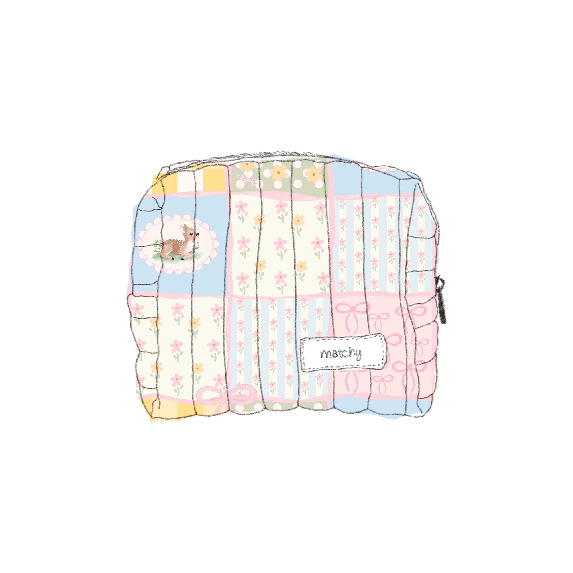 Illustration of a quilted pastel patchwork carry-all bag in pink, blue, yellow and cream squares with deer motifs and a 'matchy' label. Matchy Patchwork Carry-All Bag.