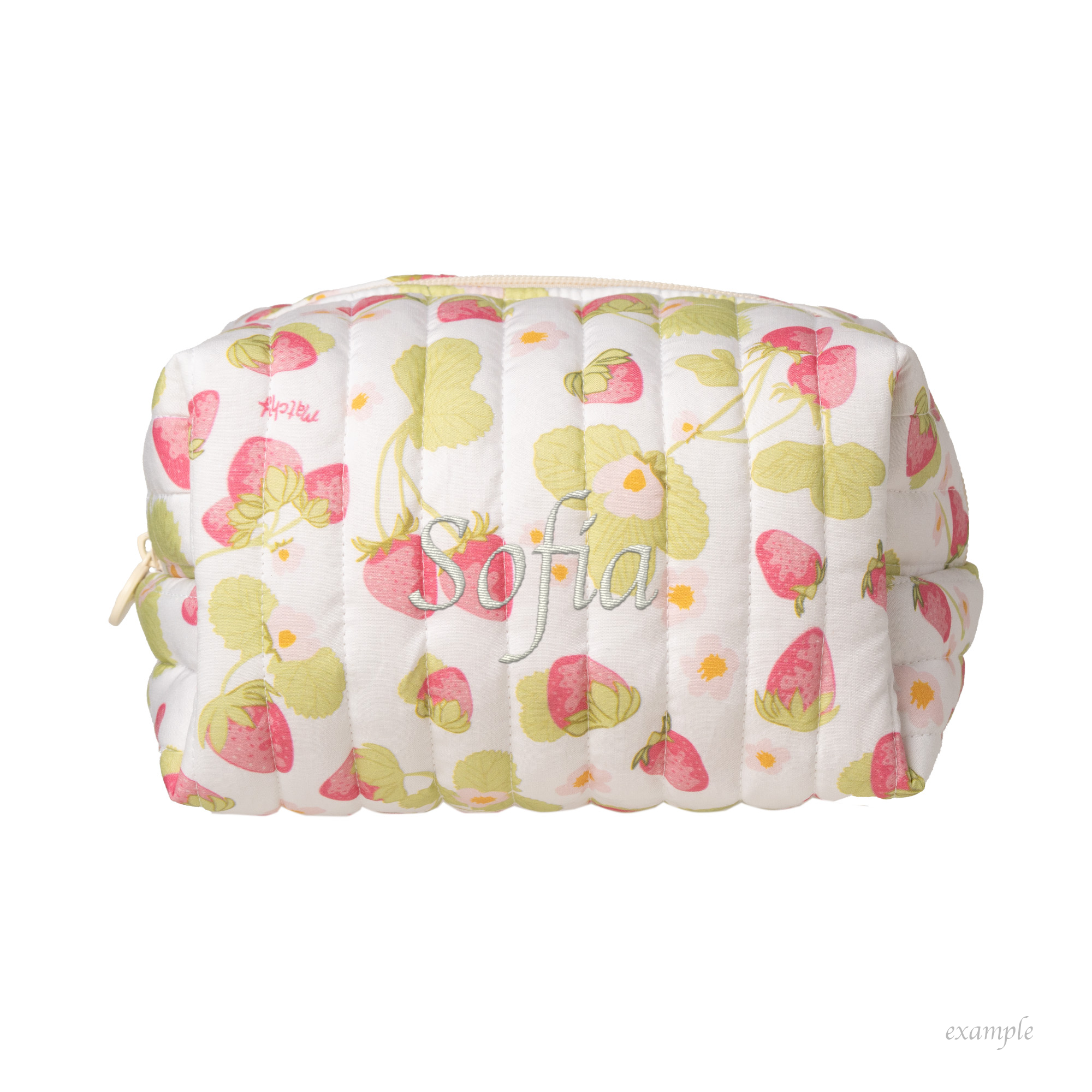 Strawberry and green leaf print quilted carry-all bag with the name 'Sofia' shown as an example of custom embroidery. Matchy Sofia Custom Embroidery Carry-All Bag.
