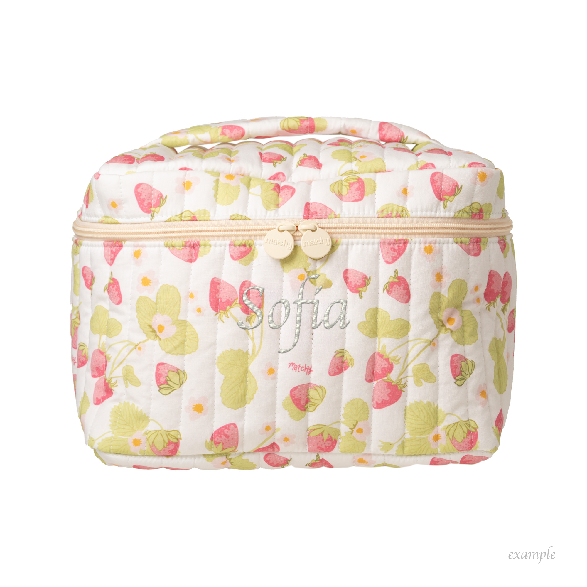 Strawberry and green leaf print quilted train case with the name 'Sofia' shown as an example of custom embroidery. Matchy Sofia Custom Embroidery Train Case.