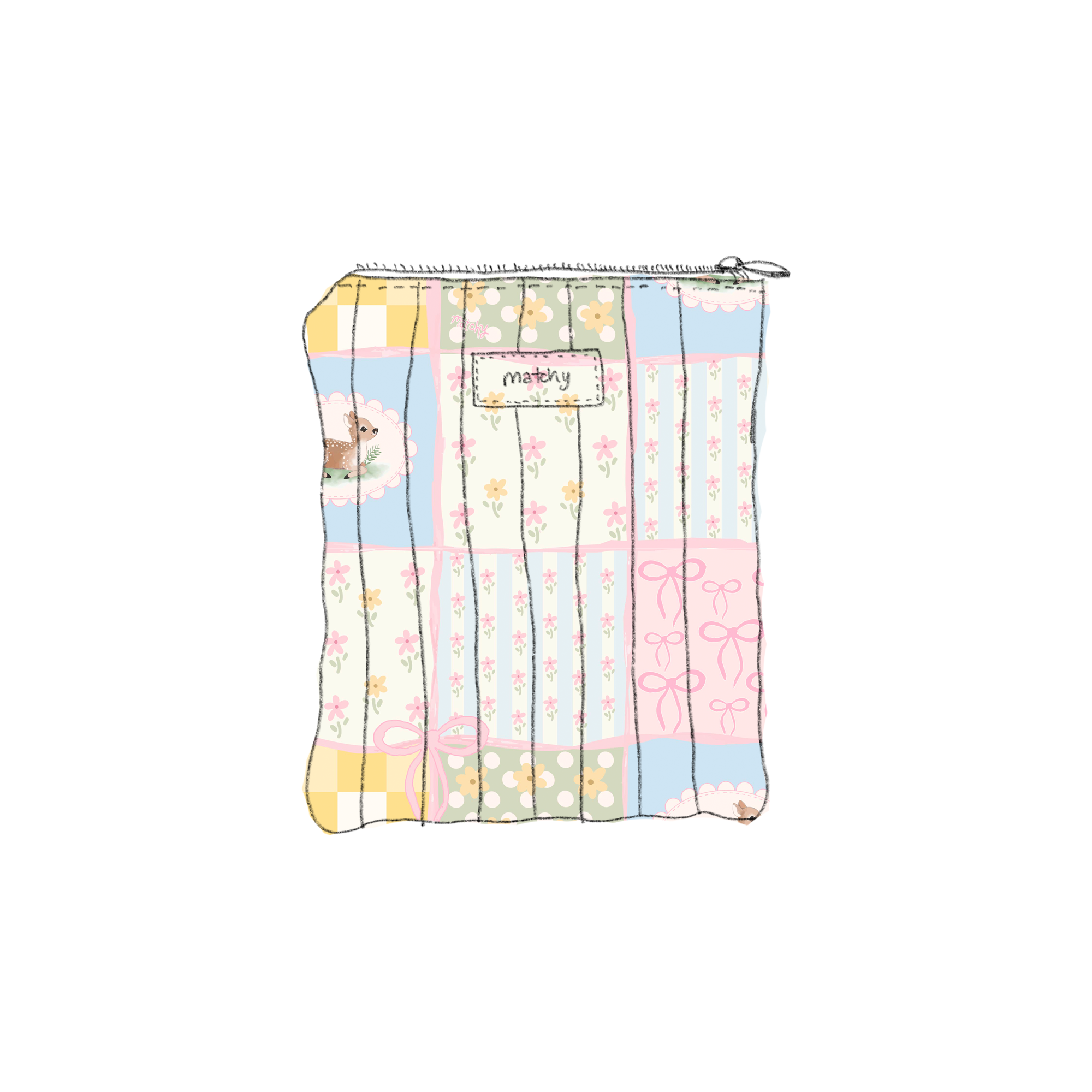 Illustration of a quilted pastel patchwork eReader sleeve in pink, blue, yellow and cream squares with a zip and 'matchy' label. Matchy Patchwork Custom Embroidery eReader Sleeve, a padded Kindle pouch.