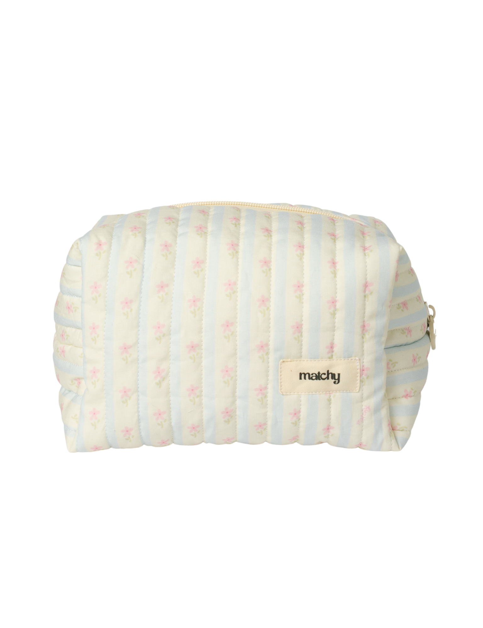 Front view of a quilted carry-all bag in pale blue and cream stripes with tiny pink flowers and a 'matchy' label. Matchy Blossom Carry-All Bag, a quilted makeup and toiletry bag.