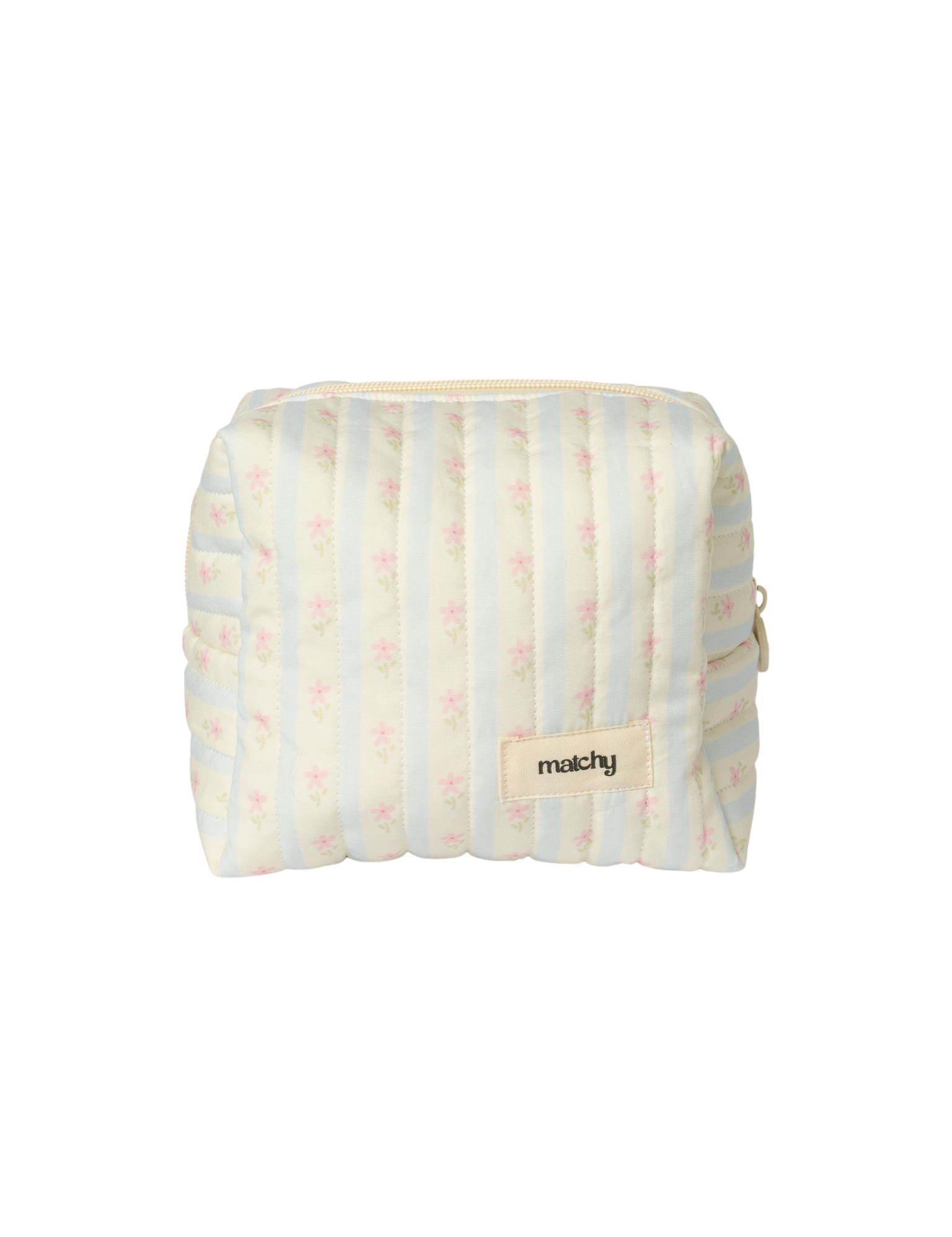 Smaller quilted carry-all bag in pale blue and cream stripes with tiny pink flowers and a 'matchy' label. Matchy Blossom Carry-All Bag.