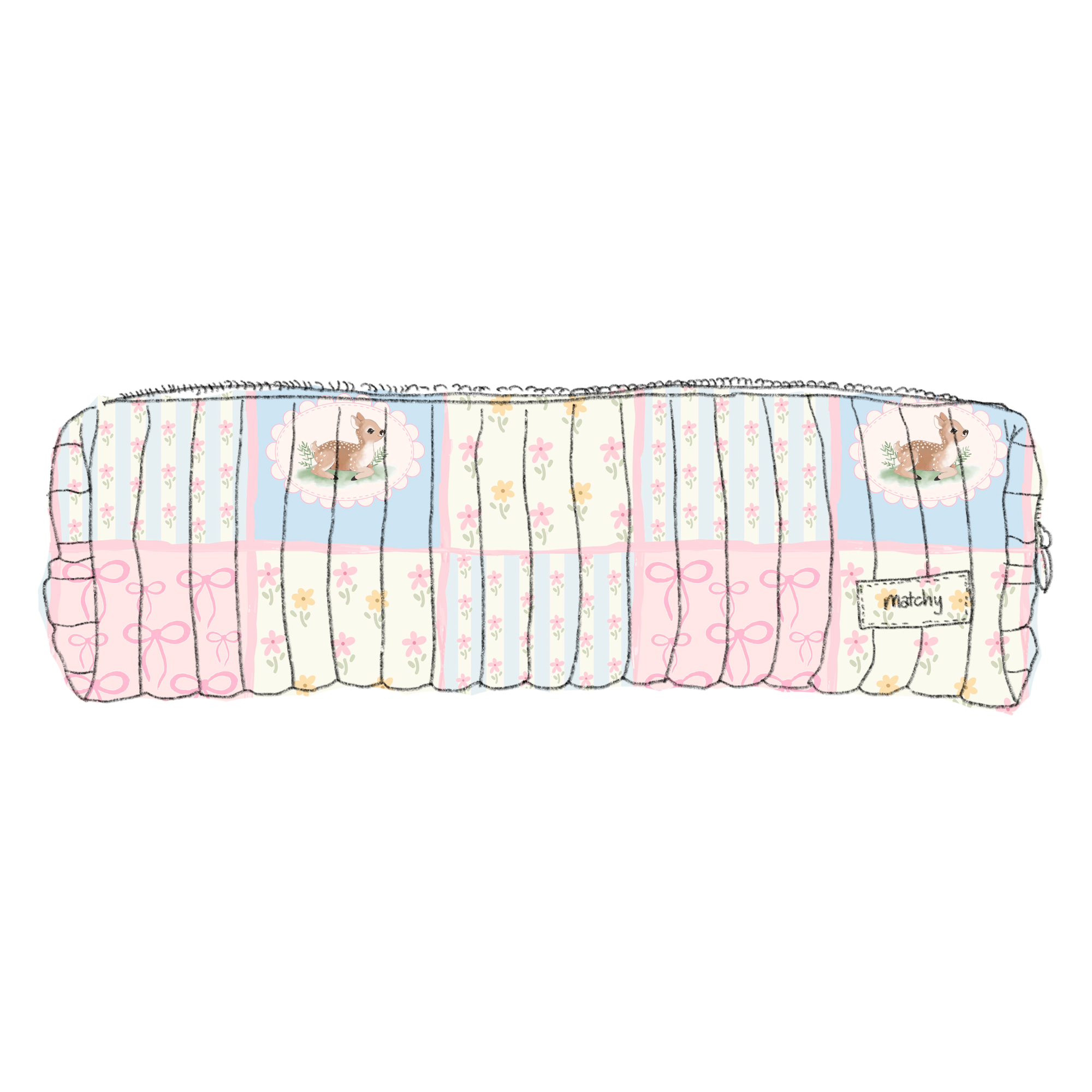 Illustration of a quilted pastel patchwork hair tools pouch in pink, blue, yellow and cream squares with a 'matchy' label. Matchy Patchwork Hair Tools Pouch.