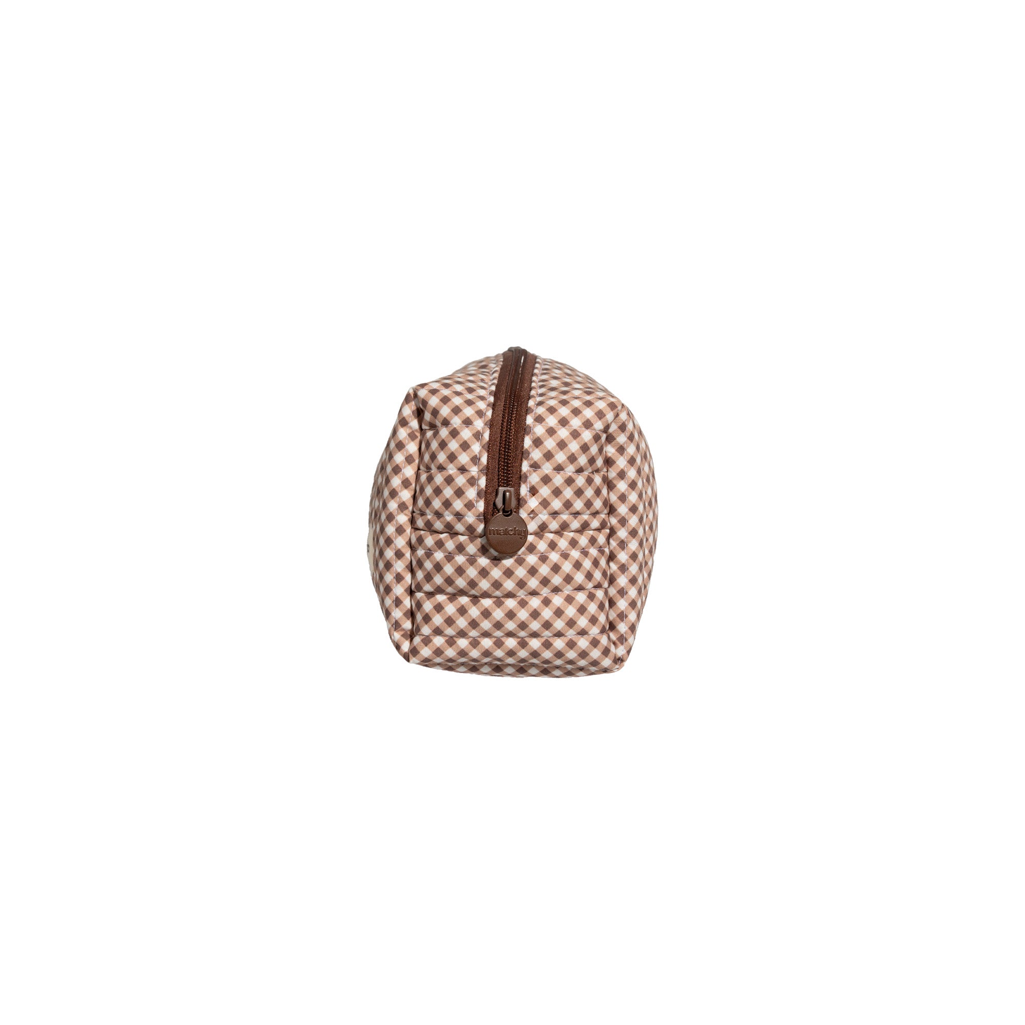 End view of a brown and cream gingham hair tools pouch showing the brown pull tab. Matchy Chocolate Hair Tools Pouch.