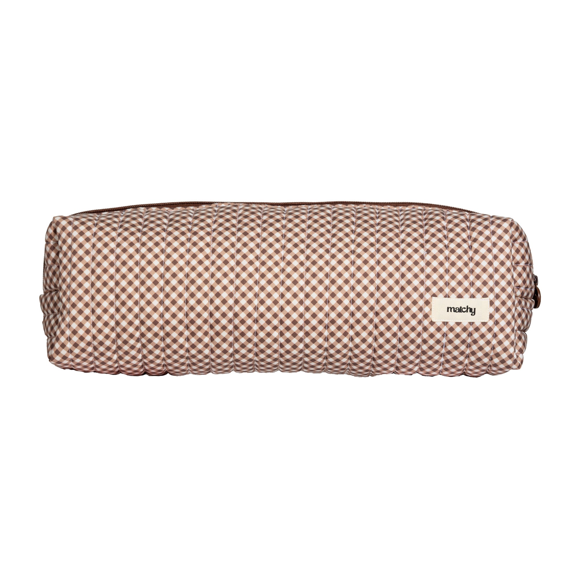 Long brown and cream gingham quilted pouch with a 'matchy' label on a white background. Matchy Chocolate Hair Tools Pouch for straighteners and curling wands.