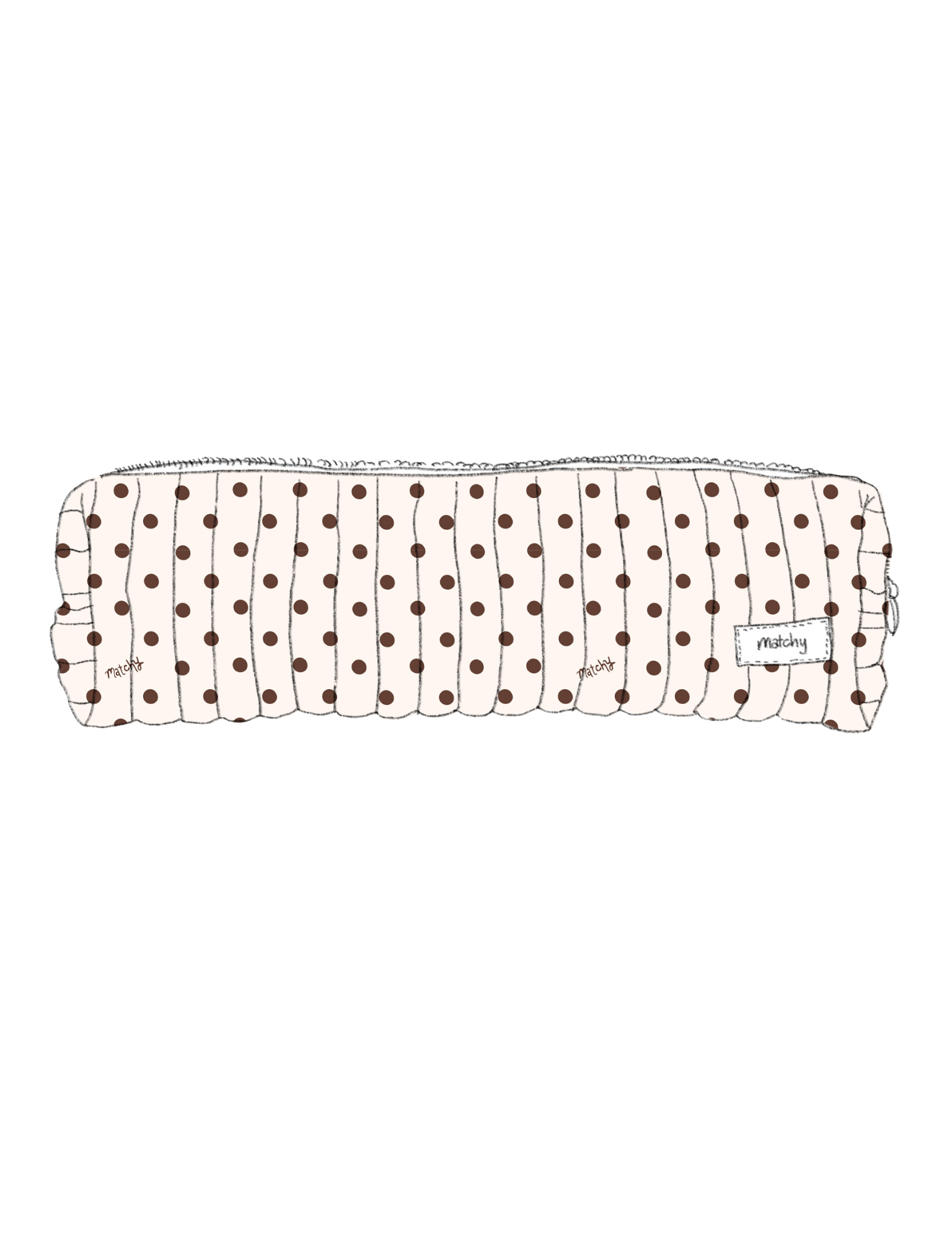 Illustration of a padded quilted hair tools pouch in cream with brown polka dots with a 'matchy' label. Matchy Ken Hair Tools Pouch.