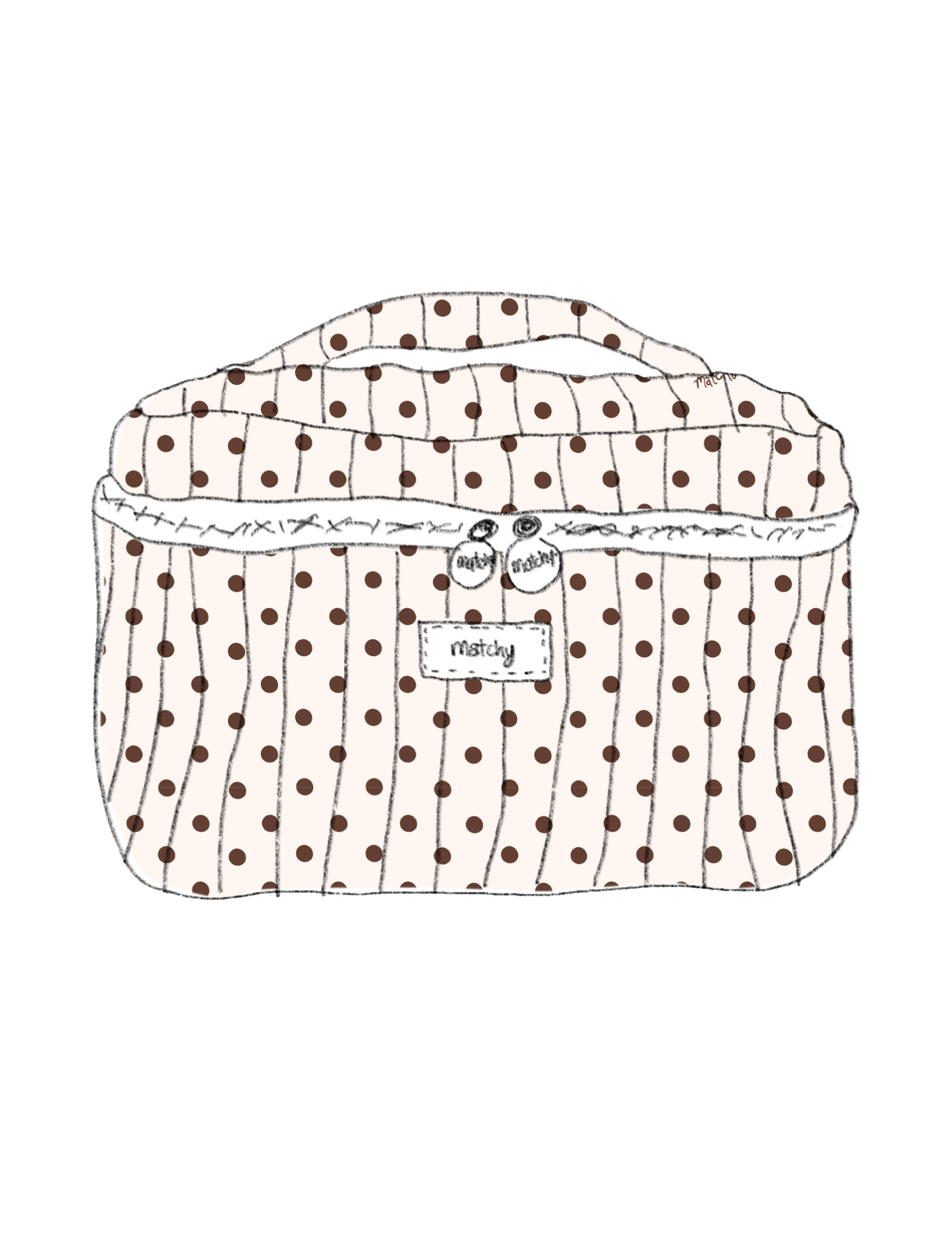 Illustration of a padded quilted train case with a top handle in cream with brown polka dots with a 'matchy' label. Matchy Ken Custom Embroidery Train Case.