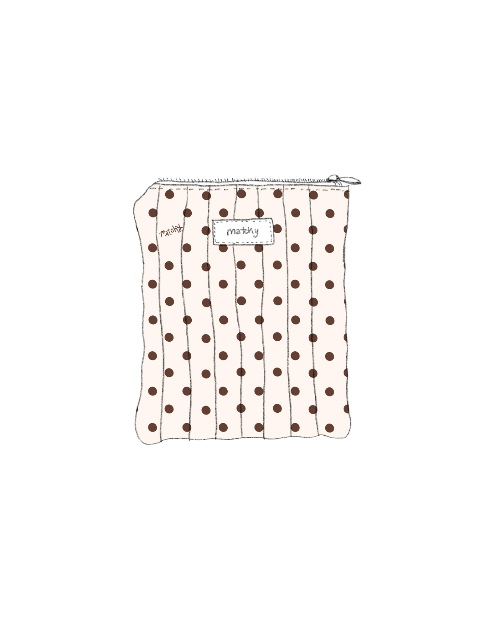 Illustration of a padded quilted eReader sleeve in cream with brown polka dots with a 'matchy' label. Matchy Ken Custom Embroidery eReader Sleeve, a personalised Kindle pouch.