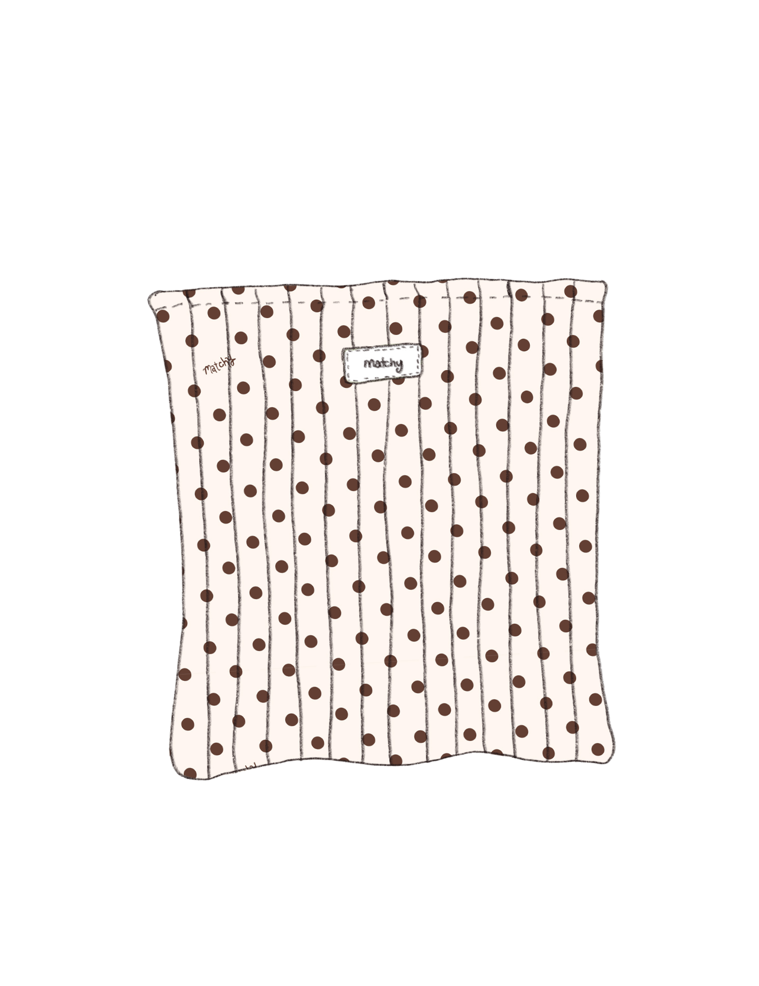 Illustration of a padded quilted book sleeve in cream with brown polka dots with a 'matchy' label. Matchy Ken Custom Embroidery Book Sleeve.