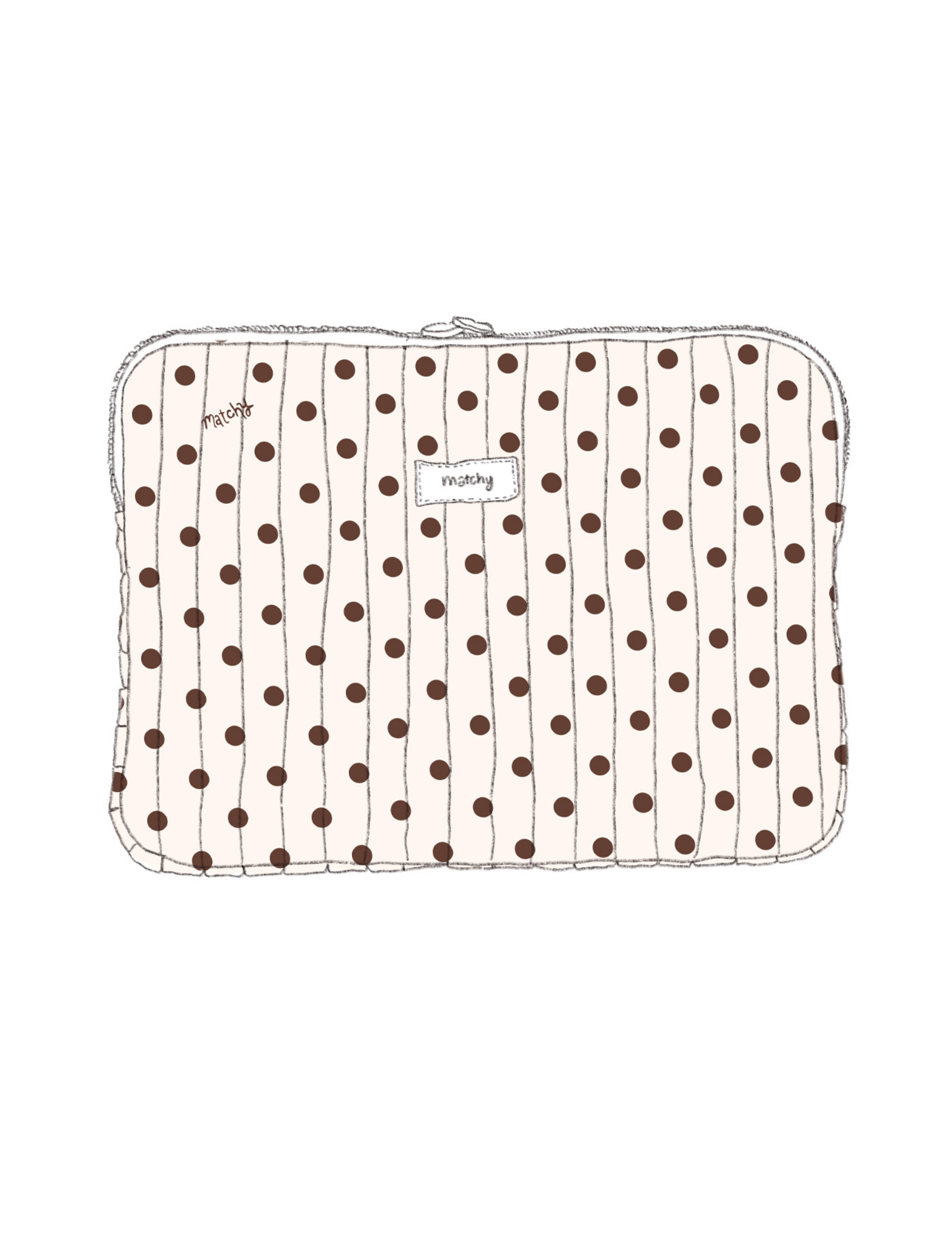 Illustration of a padded quilted laptop sleeve in cream with brown polka dots with a 'matchy' label. Matchy Ken Laptop Sleeve for 13 to 15 inch laptops.