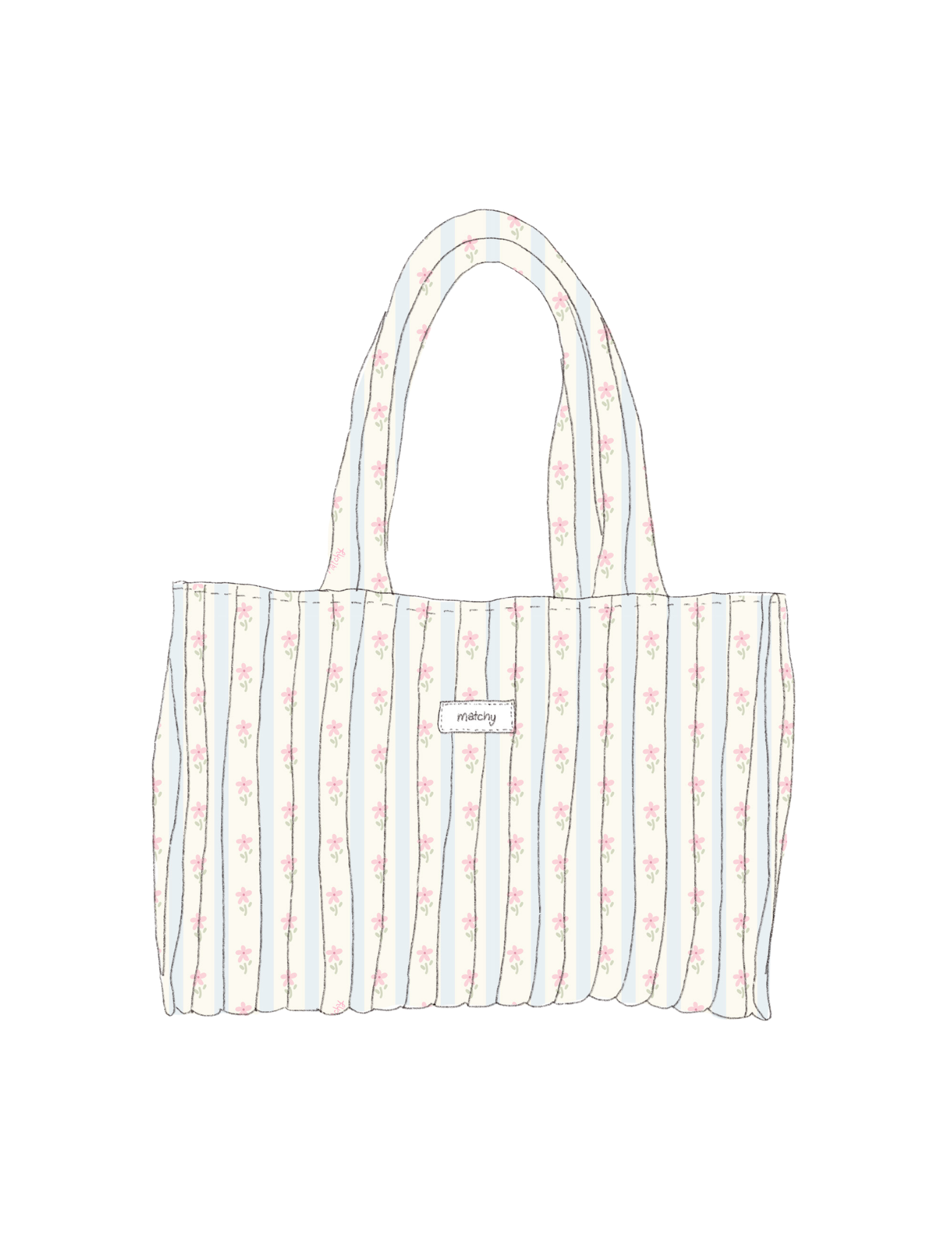 Illustration of a padded quilted tote bag with two shoulder straps in pale blue and cream stripes with tiny pink flowers with a 'matchy' label. Matchy Blossom Take Me With You Tote.