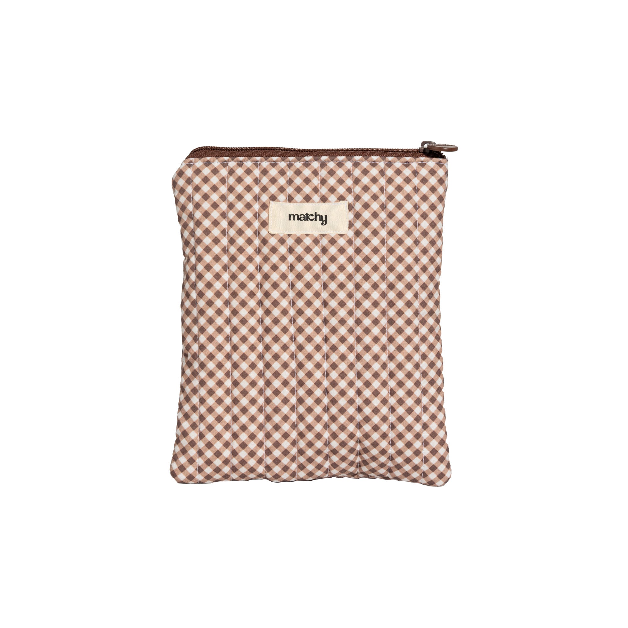 Brown and cream gingham quilted eReader sleeve with a brown zip and 'matchy' label. Matchy Chocolate Gingham eReader Sleeve, a padded Kindle pouch.