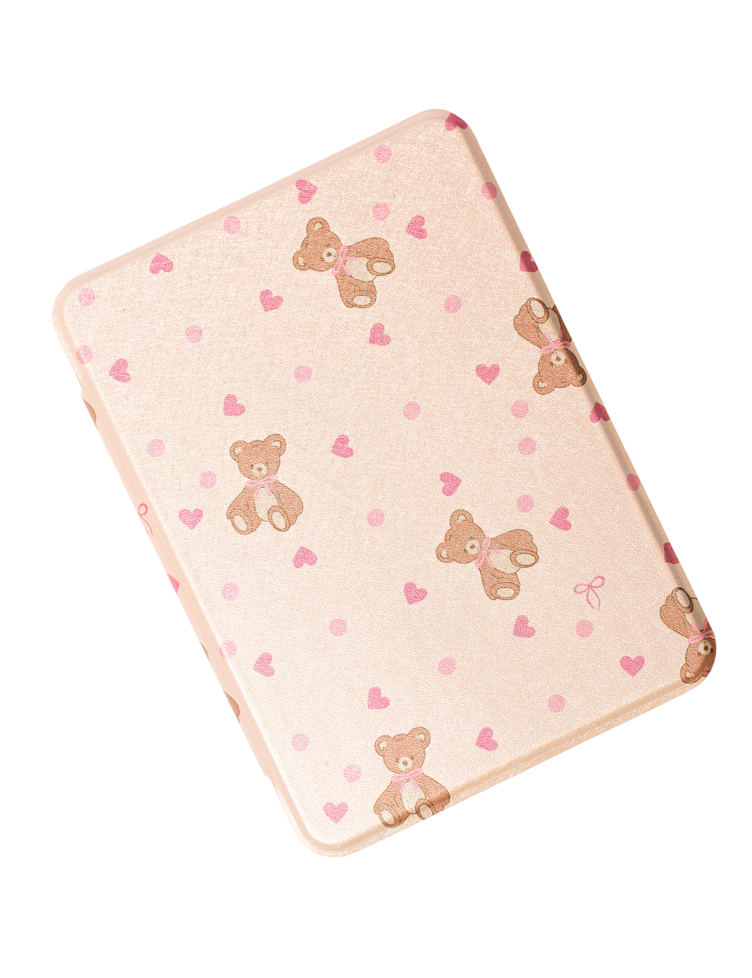 Pale pink Kindle case printed with brown teddy bears, pink hearts and small bows. Kindle Cover with Vegan Leather. Matchy Kindle cover for 6.8 inch Kindle with plastic back.