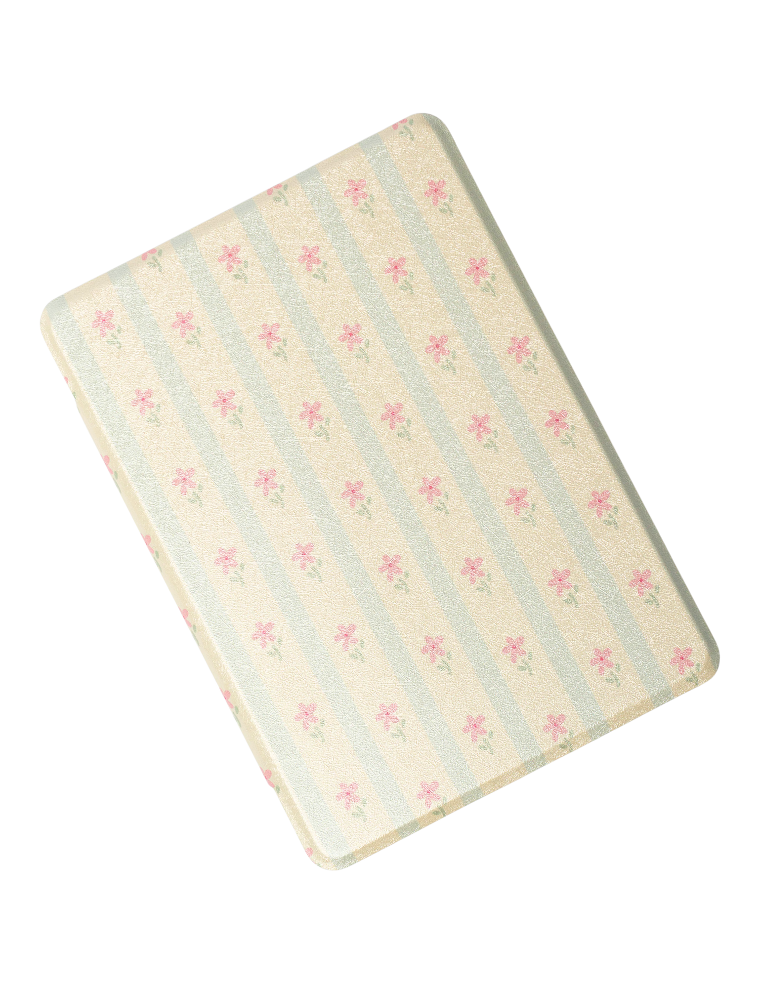 Kindle case in pale blue and cream stripes with tiny pink flowers on a white background. Kindle Cover with Vegan Leather. Matchy Kindle cover for 6.8 inch Kindle with plastic back.