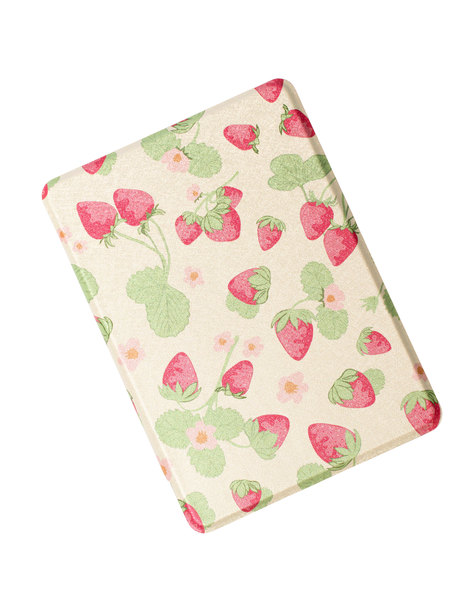 Cream Kindle case printed with pink strawberries, green leaves and small flowers. Kindle Cover with Vegan Leather. Matchy Kindle cover for 6.8 inch Kindle with plastic back.