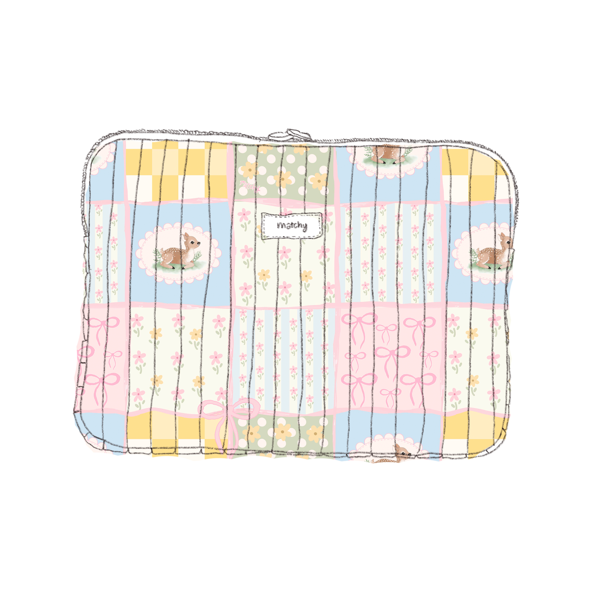 Illustration of a quilted pastel patchwork laptop sleeve in pink, blue, yellow and cream squares with small deer motifs and a 'matchy' label. Matchy Patchwork Laptop Sleeve for 13 to 15 inch laptops.