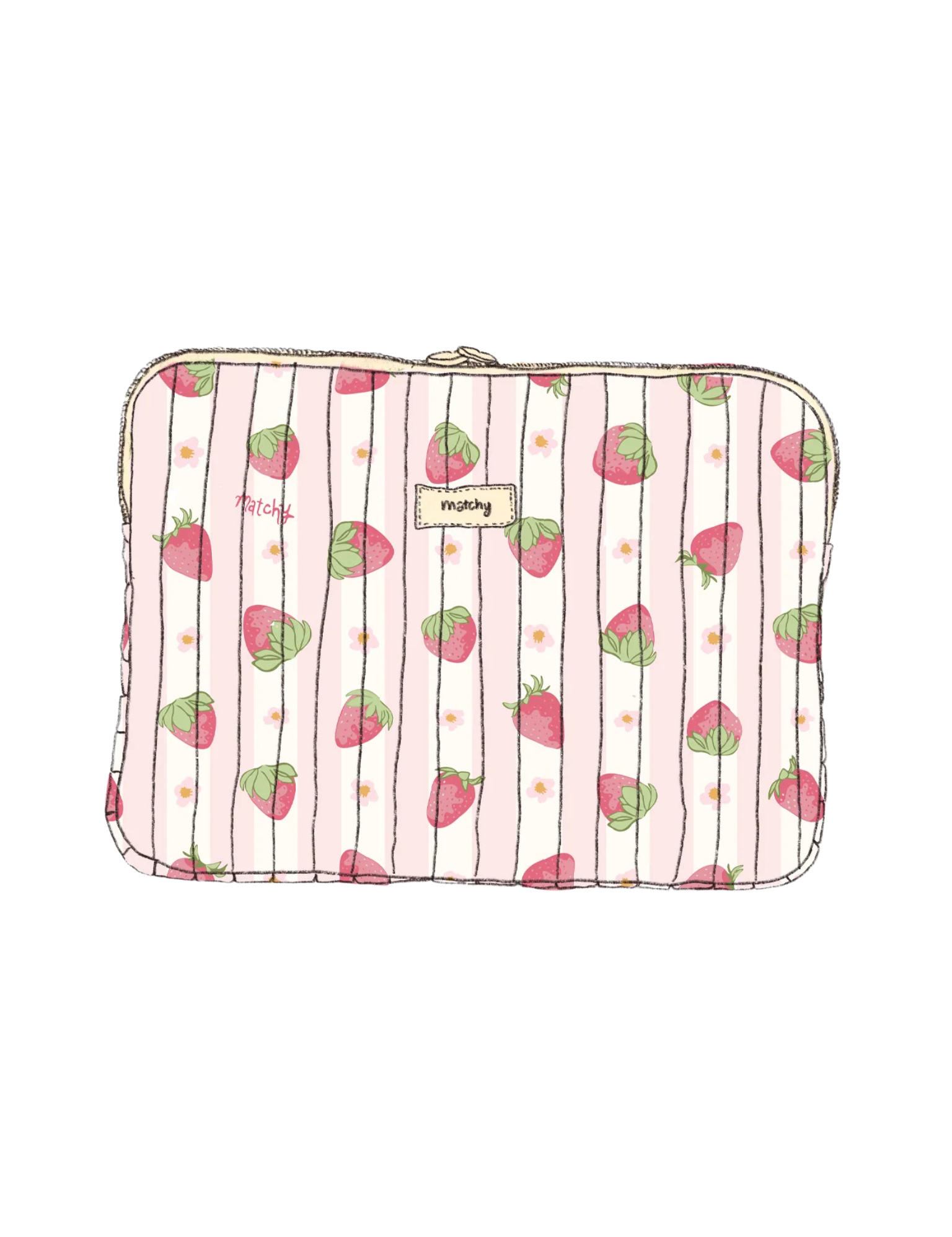 Illustration of a laptop sleeve in pink and white stripes with a strawberry print and a 'matchy' label. Matchy Sylvie Laptop Sleeve for 13 to 15 inch laptops.