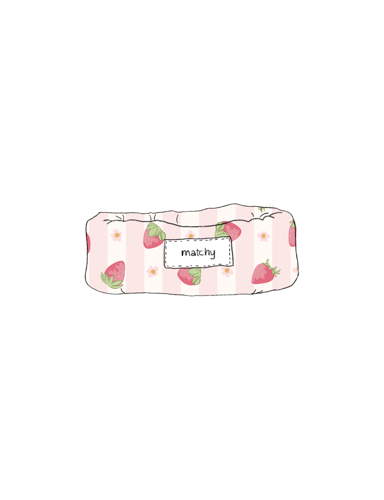 Illustration of a padded quilted bubble tray in pale pink stripes with a small strawberry print with a 'matchy' label. Matchy Sylvie Bubble Tray, a padded trinket tray.