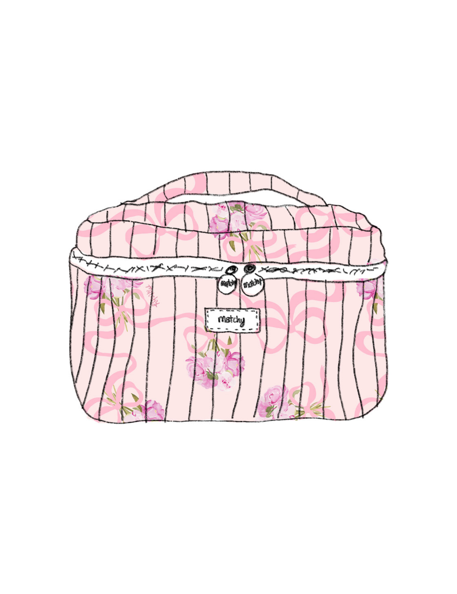Illustration of a padded quilted train case with a top handle in soft pink with pink ribbon bows and pink peony flowers with a 'matchy' label. Matchy Evermore Peony Train Case.