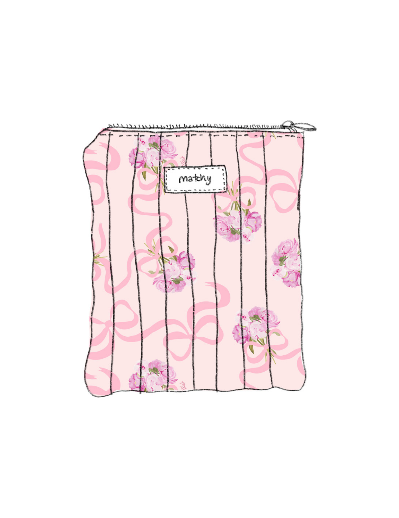 Illustration of a padded quilted eReader sleeve in soft pink with pink ribbon bows and pink peony flowers with a 'matchy' label. Matchy Evermore Peony Custom Embroidery eReader Sleeve, a personalised Kindle pouch.