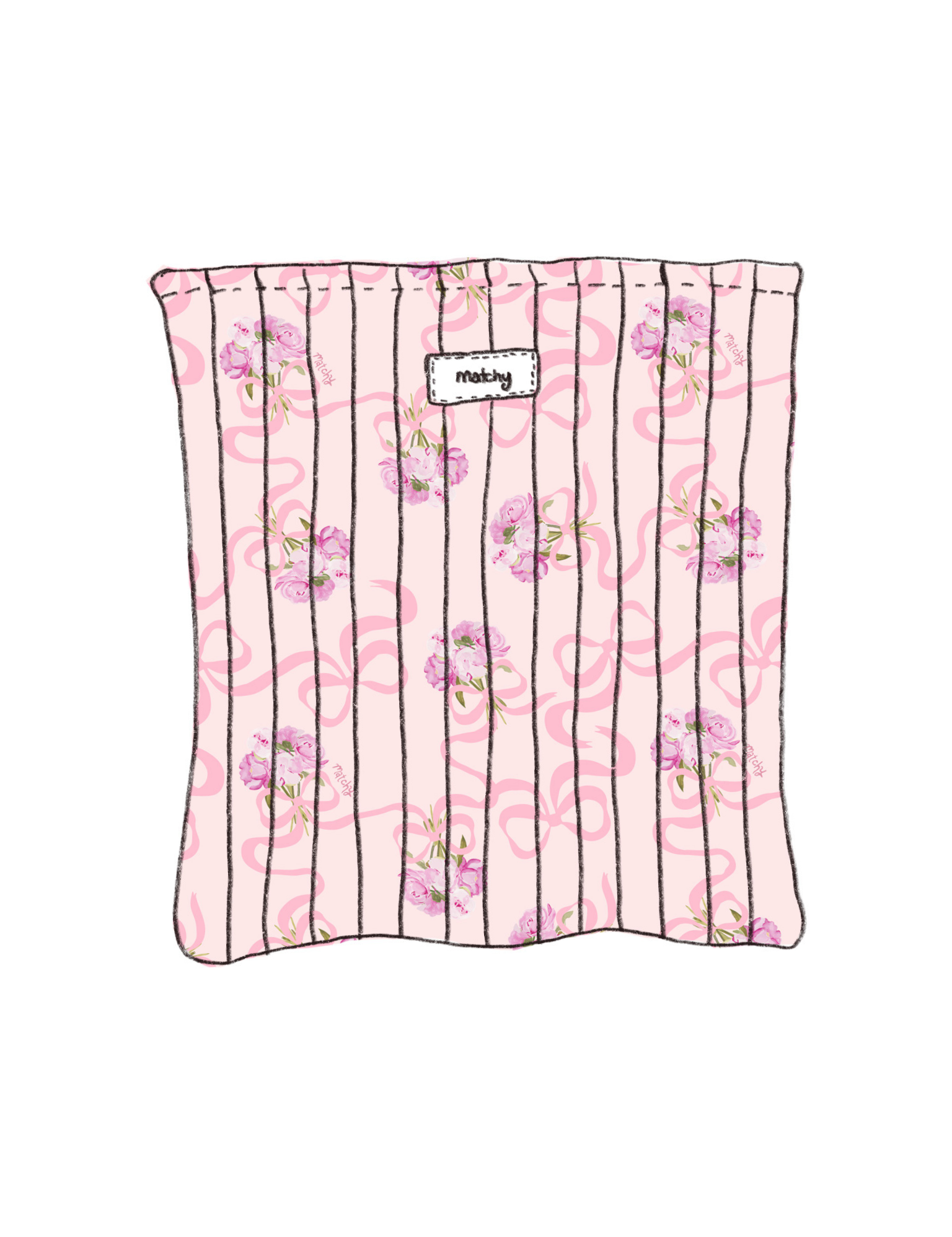 Illustration of a padded quilted book sleeve in soft pink with pink ribbon bows and pink peony flowers with a 'matchy' label. Matchy Evermore Peony Custom Embroidery Book Sleeve.