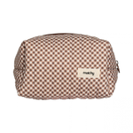 Front view of a brown and cream gingham carry-all bag with a brown zip and a small cream 'matchy' label. Matchy Chocolate Carry-All Bag, a quilted cotton toiletry and makeup bag.