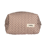Front view of a brown and cream gingham carry-all bag with a brown zip and a small cream 'matchy' label. Matchy Chocolate Carry-All Bag, a quilted cotton toiletry and makeup bag.