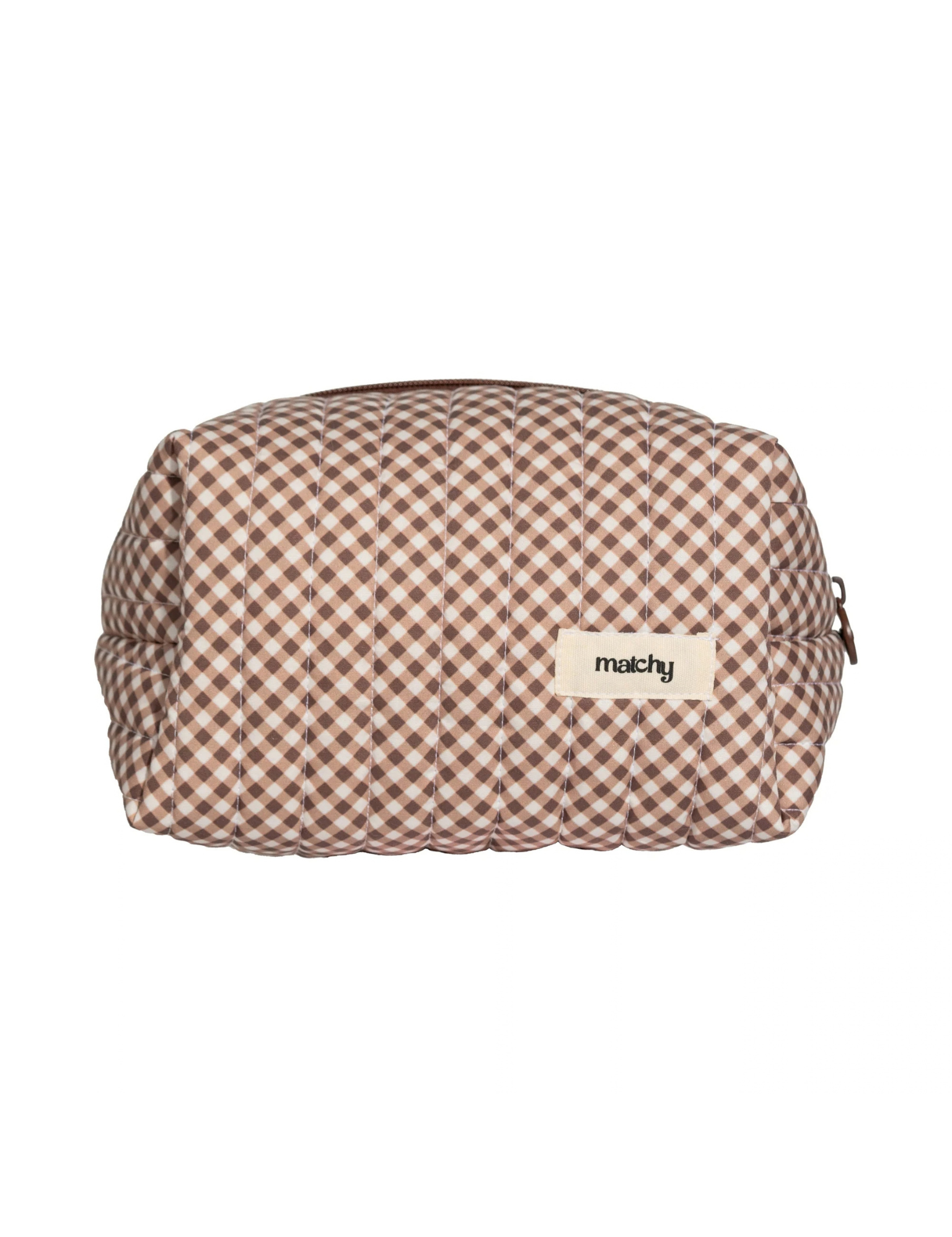 Front view of a brown and cream gingham carry-all bag with a brown zip and a small cream 'matchy' label. Matchy Chocolate Carry-All Bag, a quilted cotton toiletry and makeup bag.