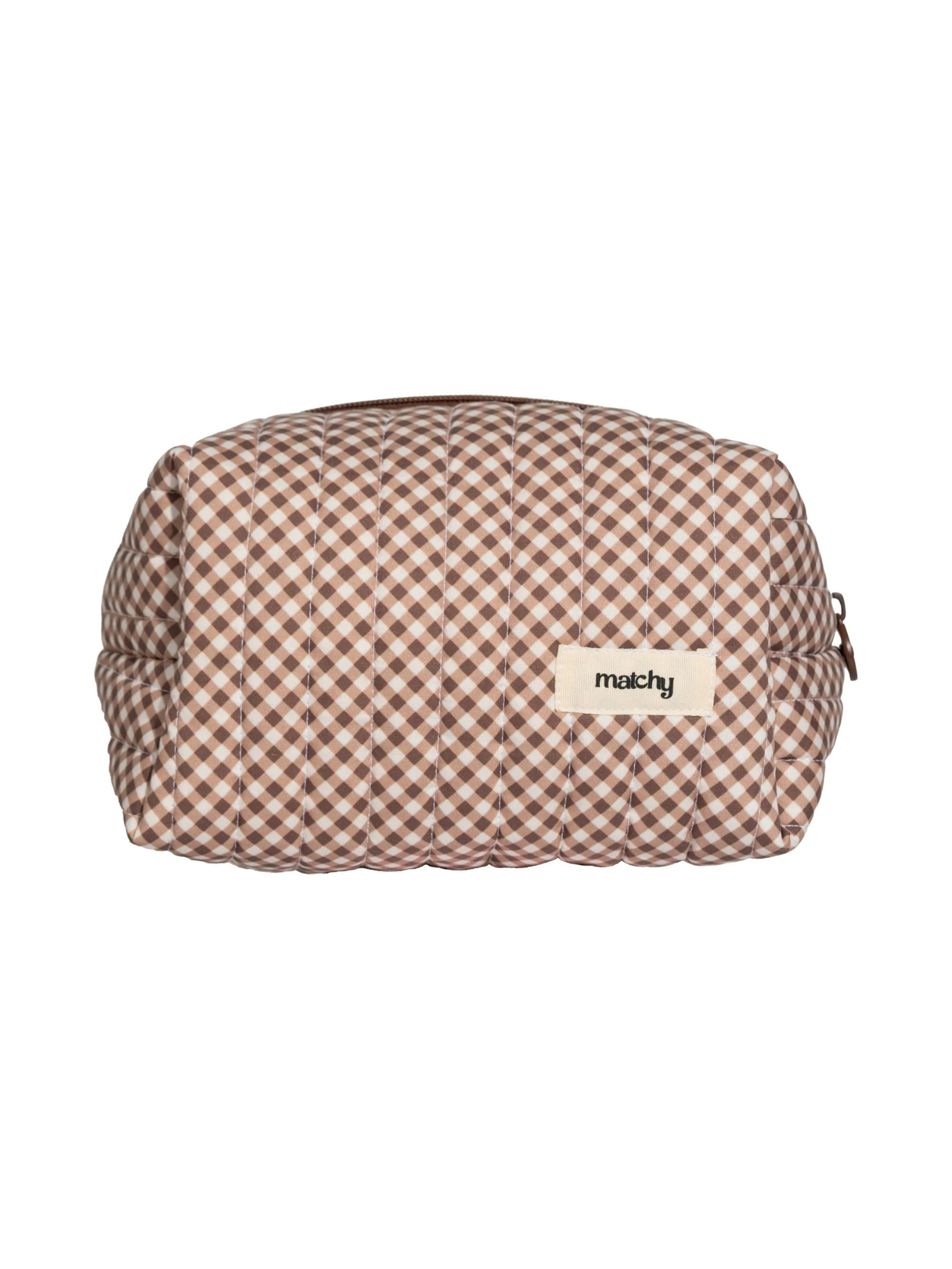 Front view of a brown and cream gingham carry-all bag with a brown zip and a small cream 'matchy' label. Matchy Chocolate Carry-All Bag, a quilted cotton toiletry and makeup bag.