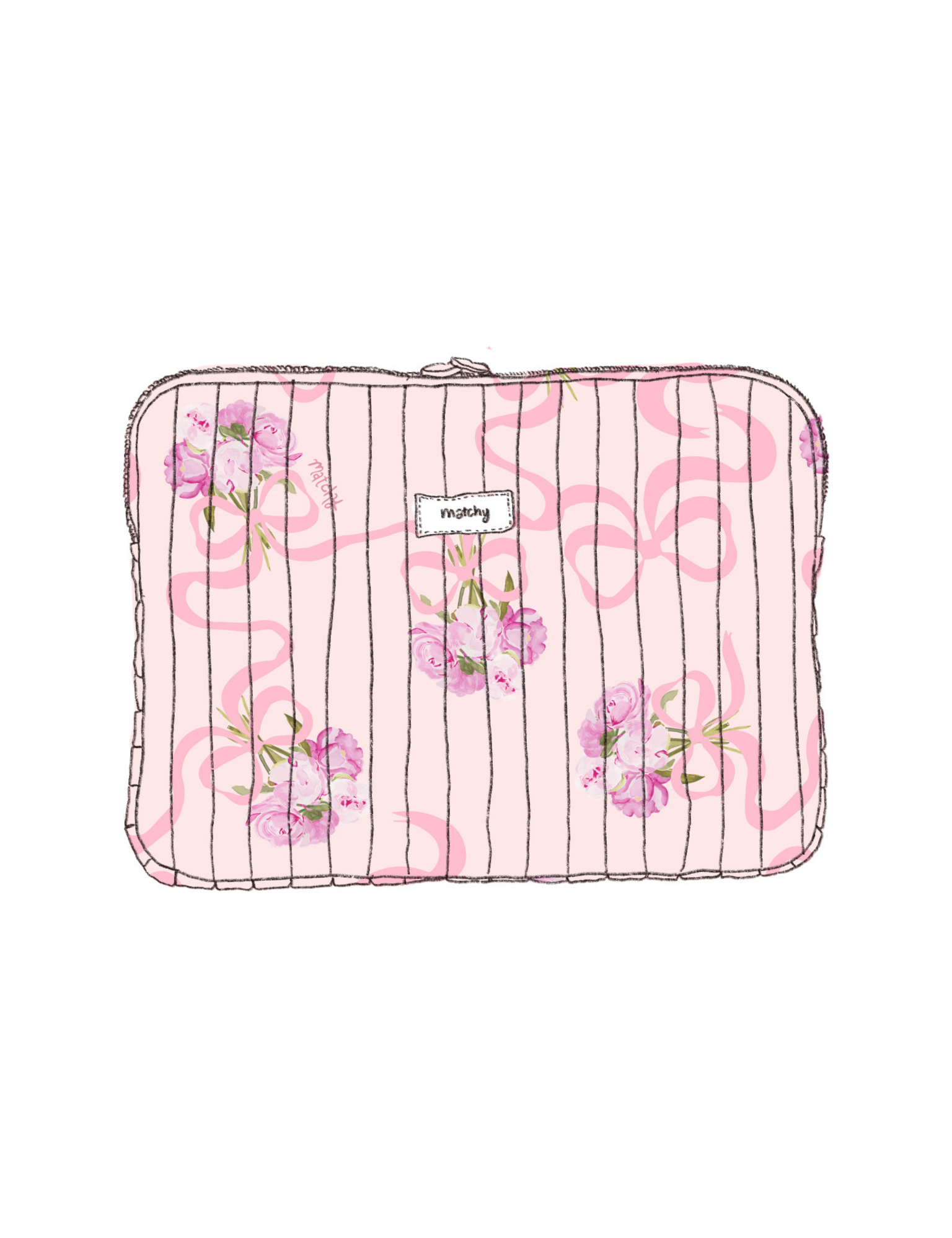 Illustration of a padded quilted laptop sleeve in soft pink with pink ribbon bows and pink peony flowers with a 'matchy' label. Matchy Evermore Peony Laptop Sleeve for 13 to 15 inch laptops.