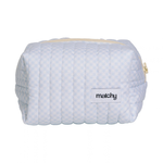 Front view of a pale blue gingham quilted carry-all bag with a 'matchy' label. Matchy Blueberry Gingham Carry-All Bag, a quilted makeup and toiletry bag.