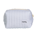 Front view of a pale blue gingham quilted carry-all bag with a 'matchy' label. Matchy Blueberry Gingham Carry-All Bag, a quilted makeup and toiletry bag.