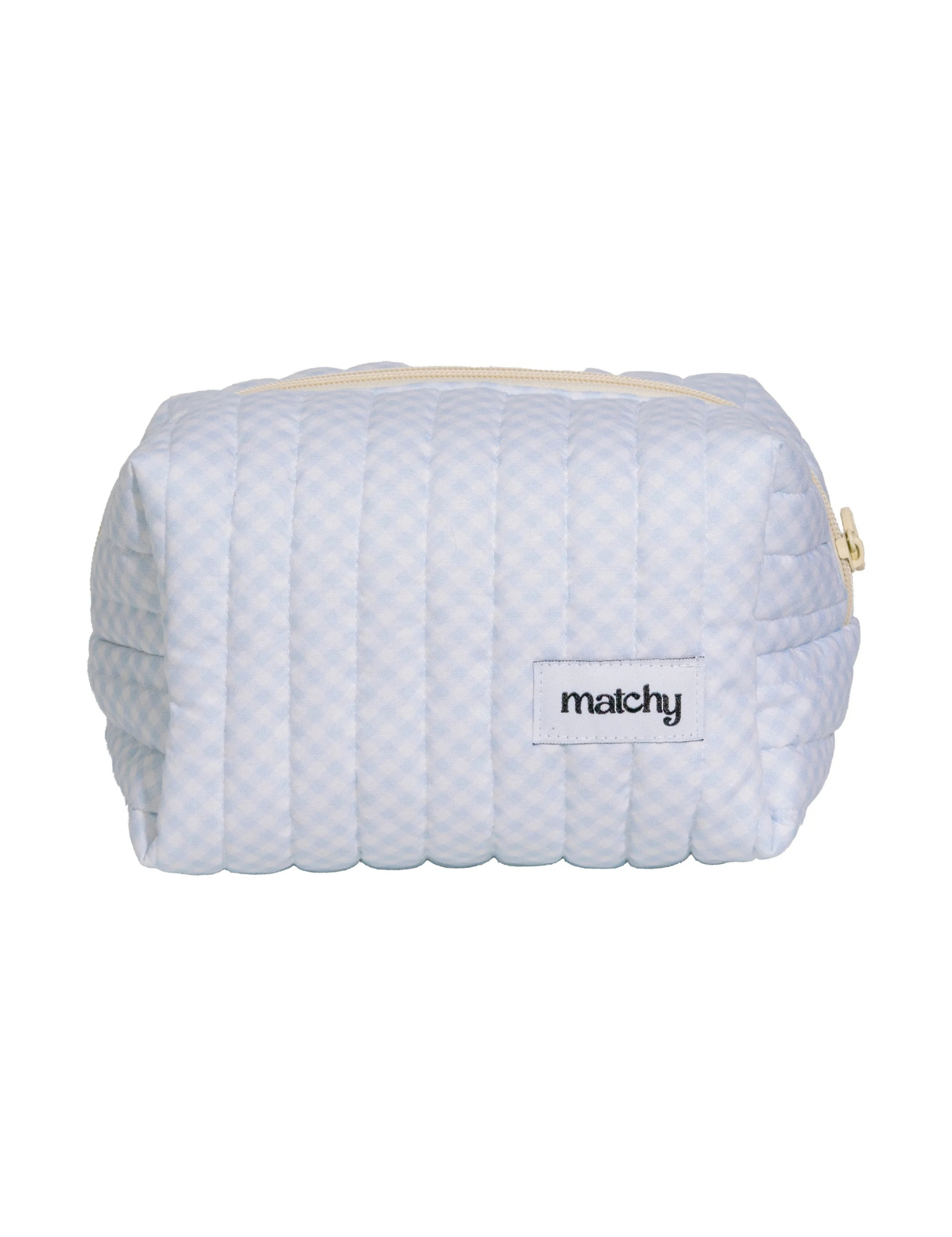 Front view of a pale blue gingham quilted carry-all bag with a 'matchy' label. Matchy Blueberry Gingham Carry-All Bag, a quilted makeup and toiletry bag.