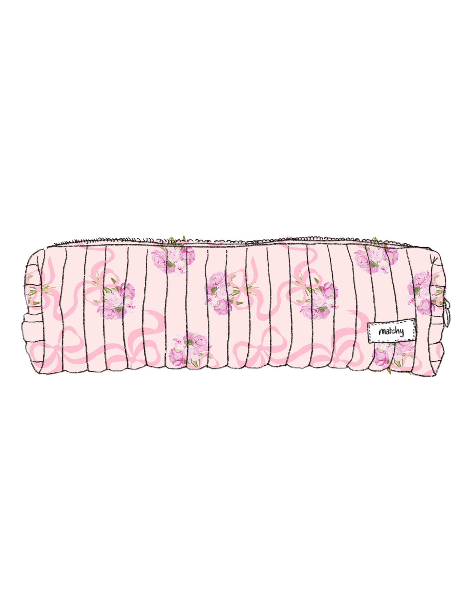 Illustration of a padded quilted hair tools pouch in soft pink with pink ribbon bows and pink peony flowers with a 'matchy' label. Matchy Evermore Peony Hair Tools Pouch.