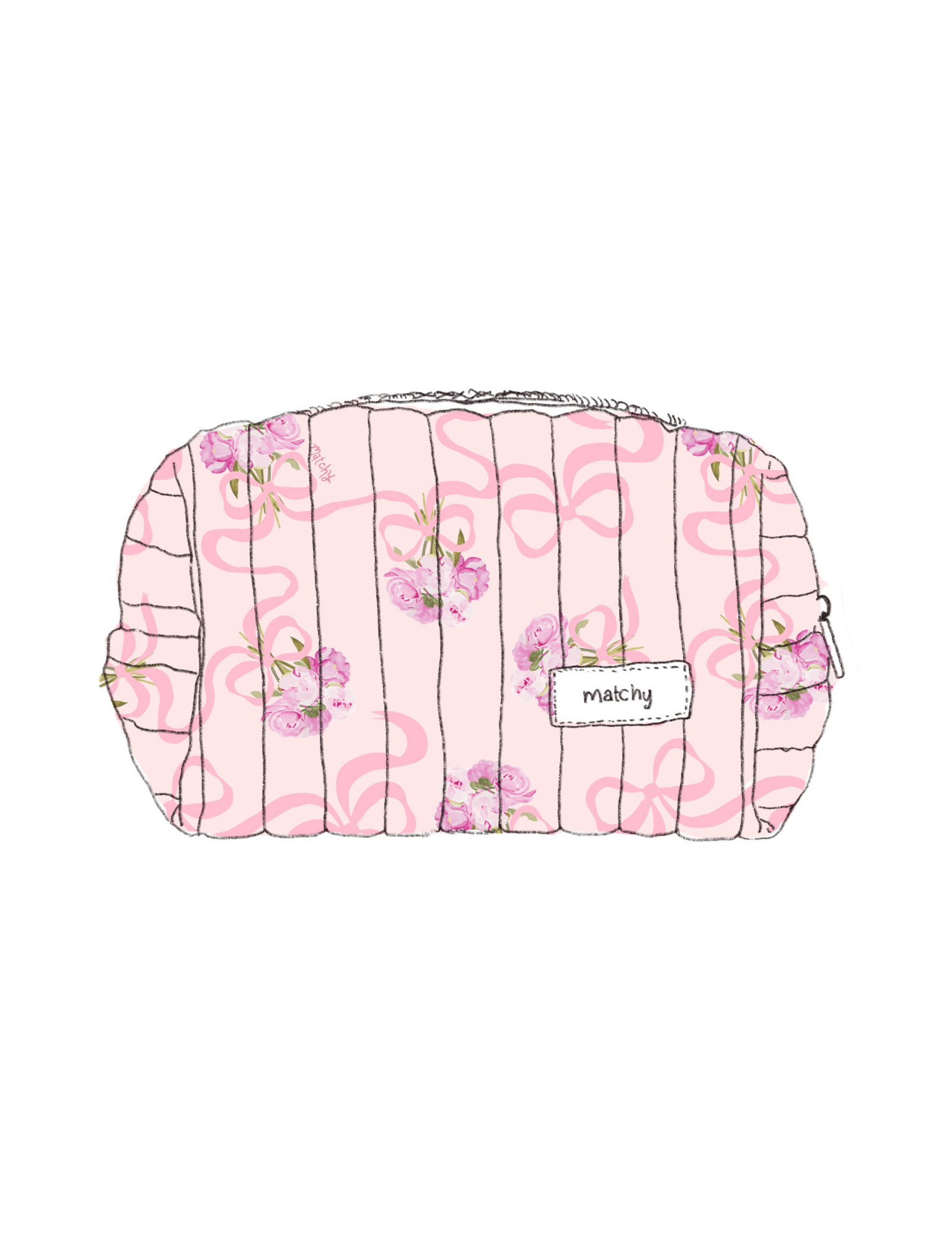 Illustration of a padded quilted carry-all bag in soft pink with pink ribbon bows and pink peony flowers with a 'matchy' label. Matchy Evermore Peony Custom Embroidery Carry-All Bag.