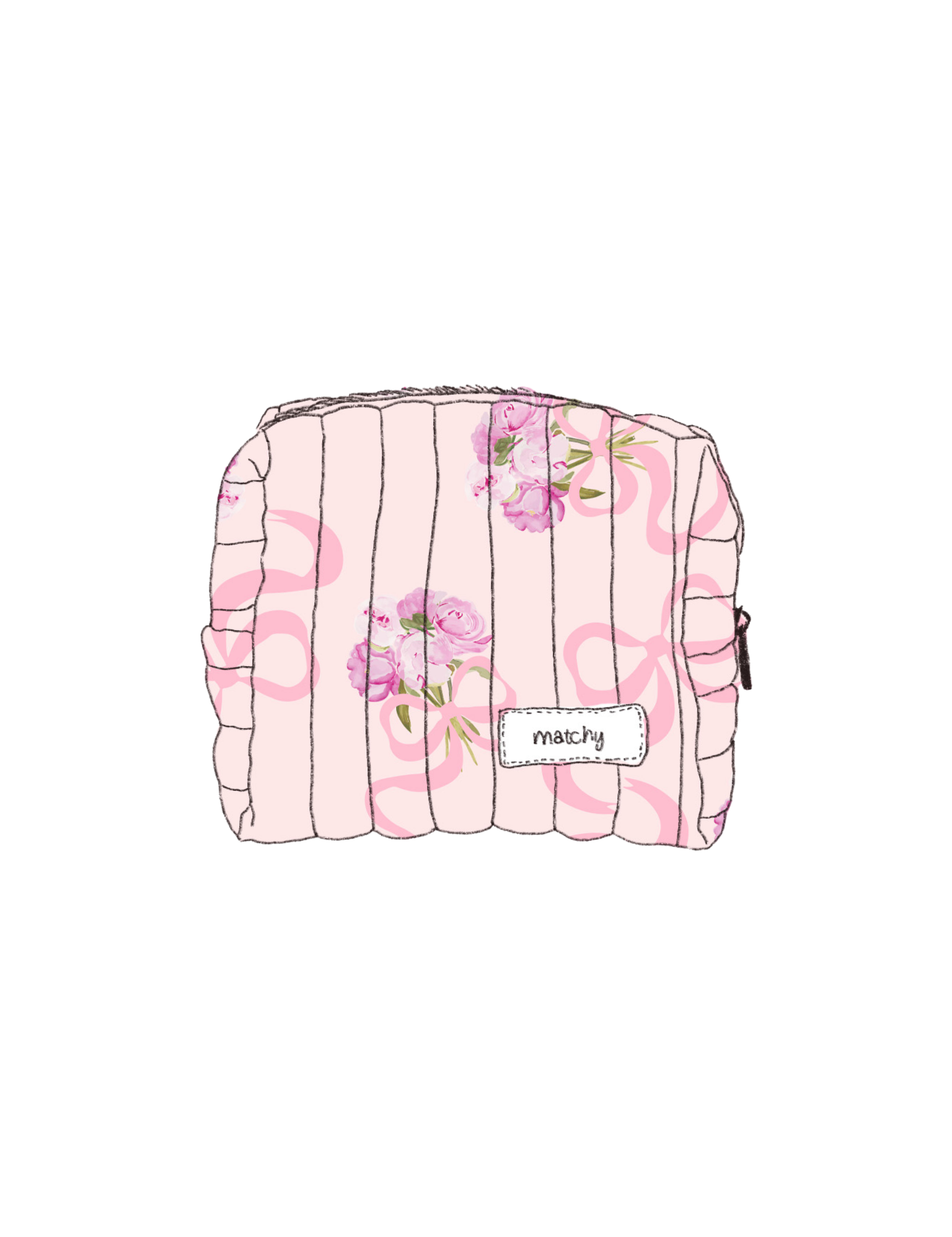 Illustration of a padded quilted small carry-all bag in soft pink with pink ribbon bows and pink peony flowers with a 'matchy' label. Matchy Evermore Peony Custom Embroidery Carry-All Bag.