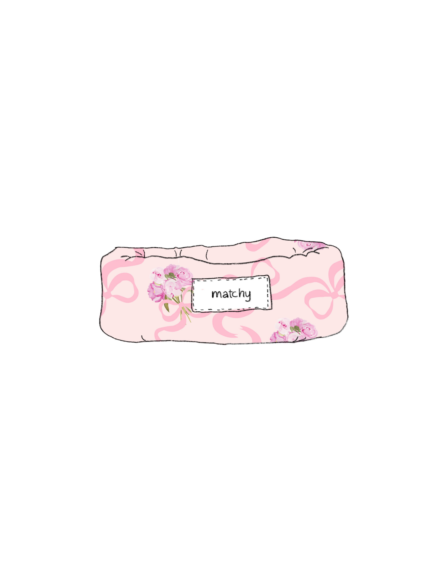 Illustration of a padded quilted bubble tray in soft pink with pink ribbon bows and pink peony flowers with a 'matchy' label. Matchy Evermore Peony Bubble Tray, a padded trinket tray.