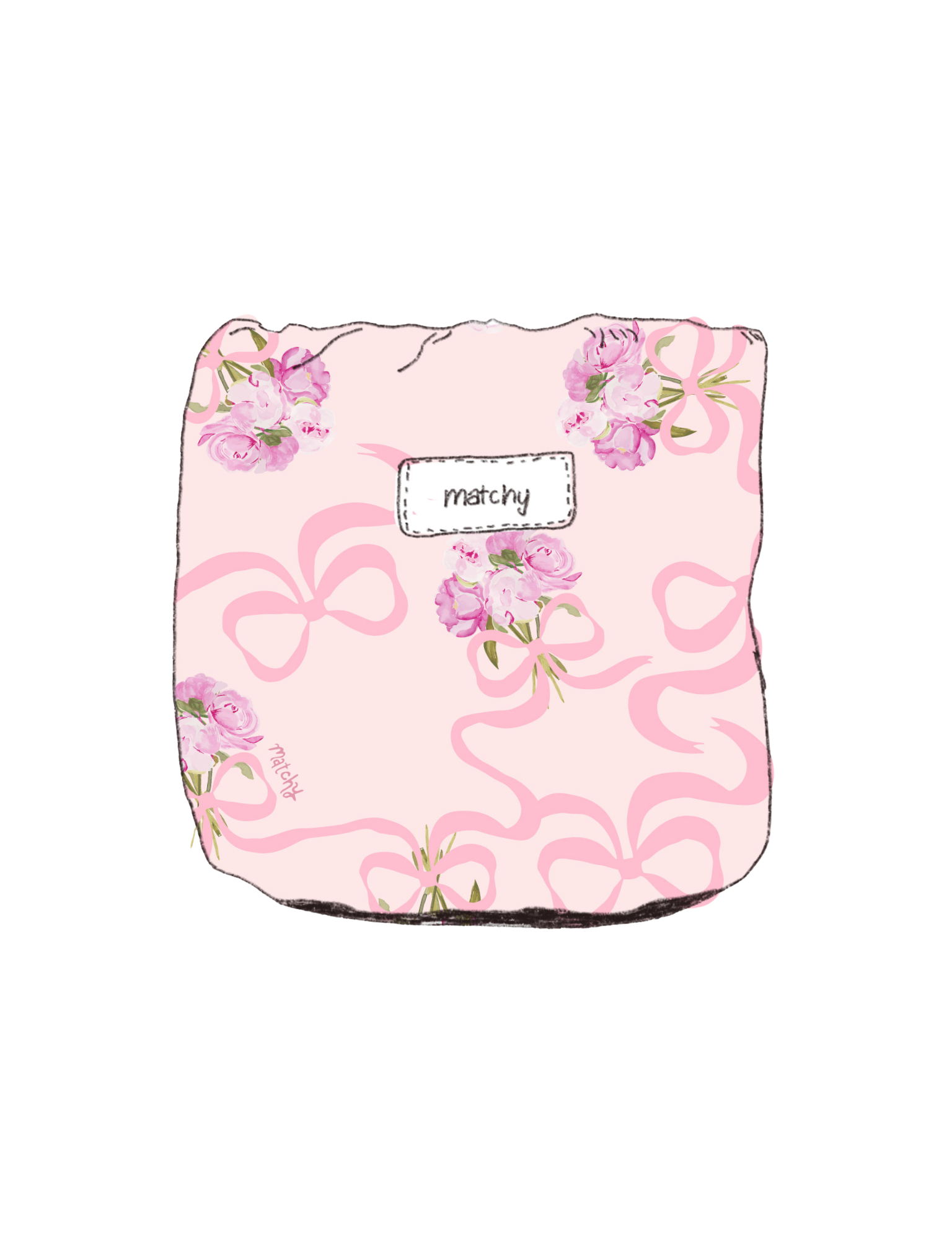 Illustration of a padded quilted bubble bucket in soft pink with pink ribbon bows and pink peony flowers with a 'matchy' label. Matchy Evermore Peony Bubble Bucket for vanity storage.