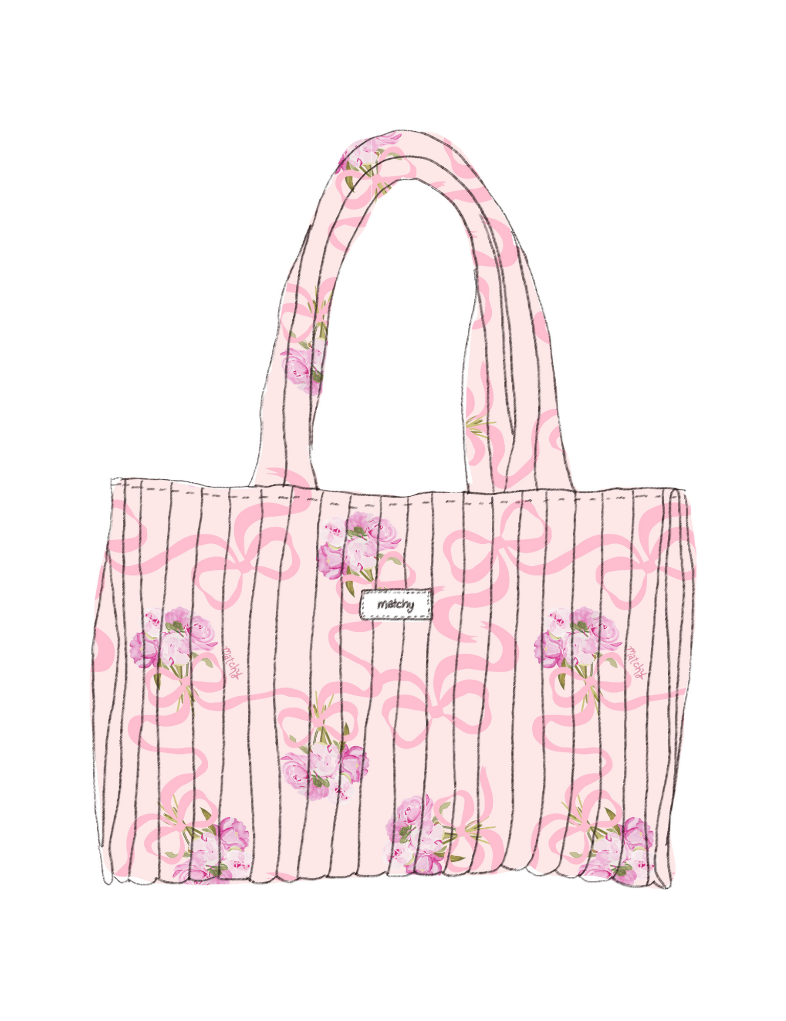 Illustration of a padded quilted tote bag with two shoulder straps in soft pink with pink ribbon bows and pink peony flowers with a 'matchy' label. Matchy Evermore Peony Take Me With You Tote.