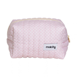 Front view of a soft pink gingham quilted carry-all bag with a 'matchy' label. Matchy Strawberry Gingham Carry-All Bag, a quilted makeup and toiletry bag.