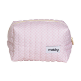 Front view of a soft pink gingham quilted carry-all bag with a 'matchy' label. Matchy Strawberry Gingham Carry-All Bag, a quilted makeup and toiletry bag.
