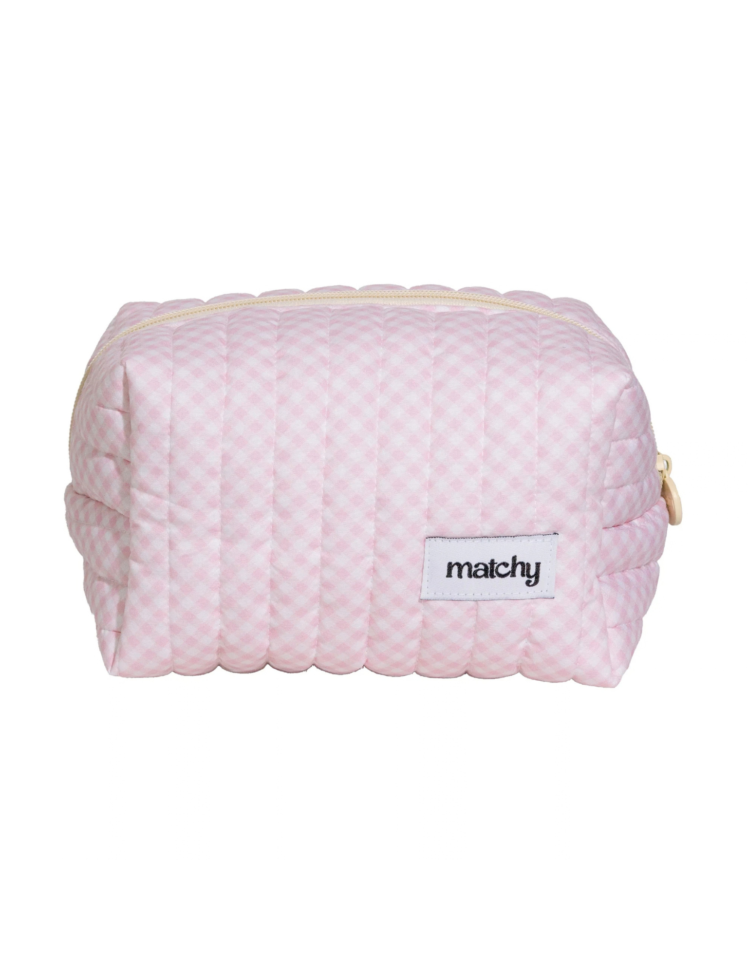 Front view of a soft pink gingham quilted carry-all bag with a 'matchy' label. Matchy Strawberry Gingham Carry-All Bag, a quilted makeup and toiletry bag.