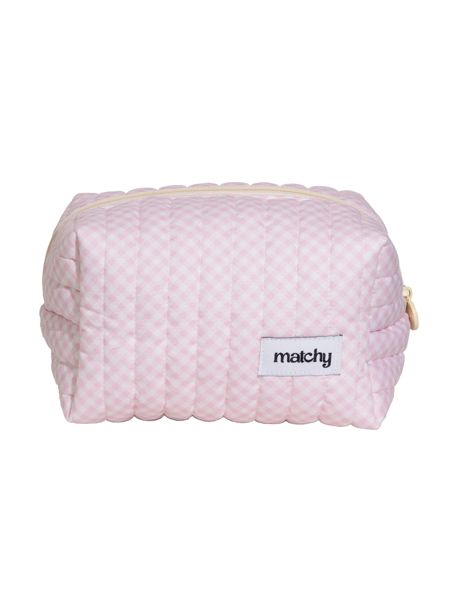 Front view of a soft pink gingham quilted carry-all bag with a 'matchy' label. Matchy Strawberry Gingham Carry-All Bag, a quilted makeup and toiletry bag.