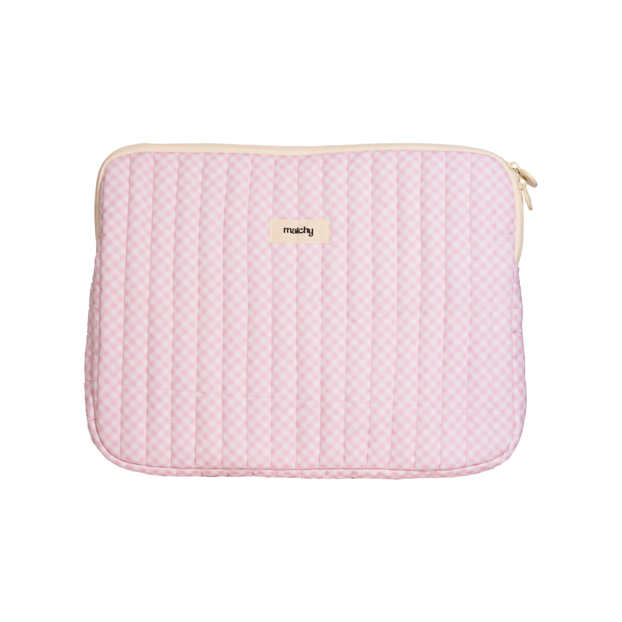 Front view of a soft pink gingham quilted laptop sleeve with a cream zip and 'matchy' label. Matchy Georgina Gingham Laptop Sleeve in pink for 13 to 15 inch laptops.