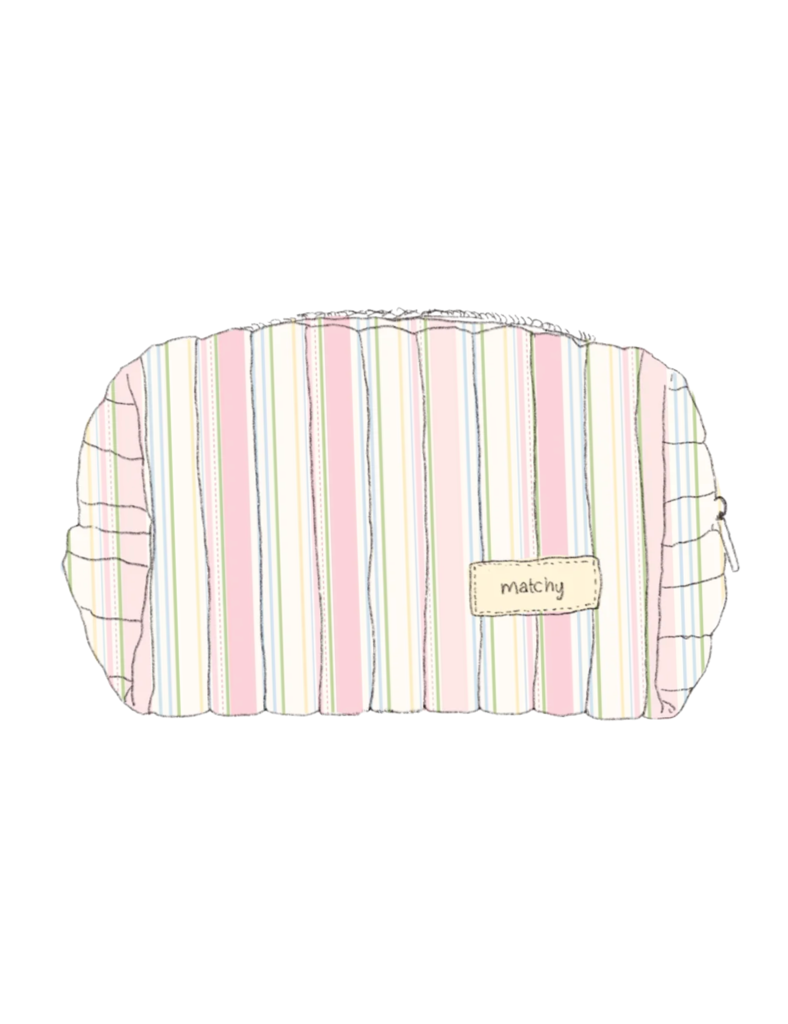 Illustration of a pastel striped quilted carry-all bag in pink, cream and green stripes with a 'matchy' label. Matchy Signature Stripe Custom Embroidery Carry-All Bag.
