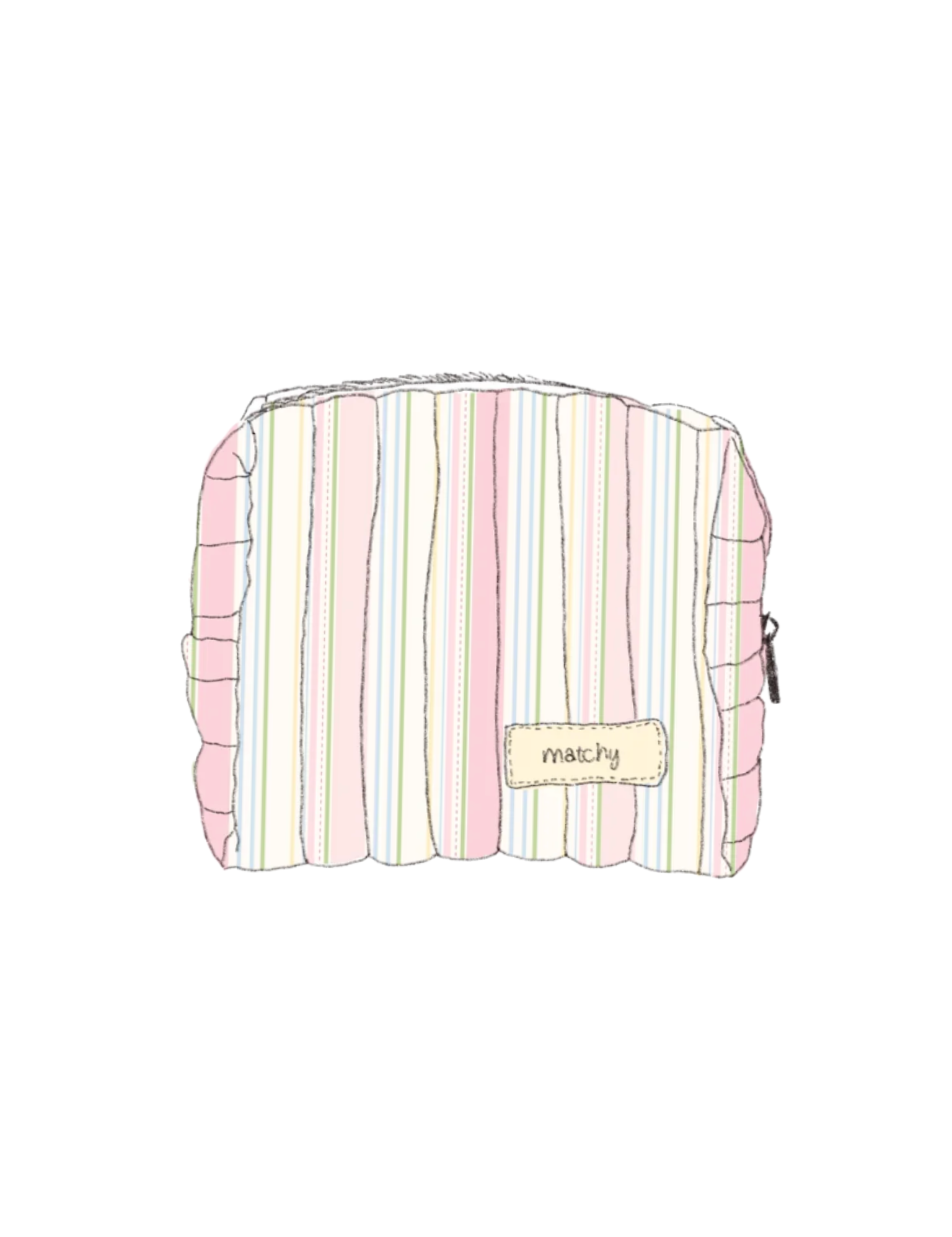 Illustration of a pastel striped quilted small carry-all bag in pink, cream and green stripes with a 'matchy' label. Matchy Signature Stripe Custom Embroidery Carry-All Bag.