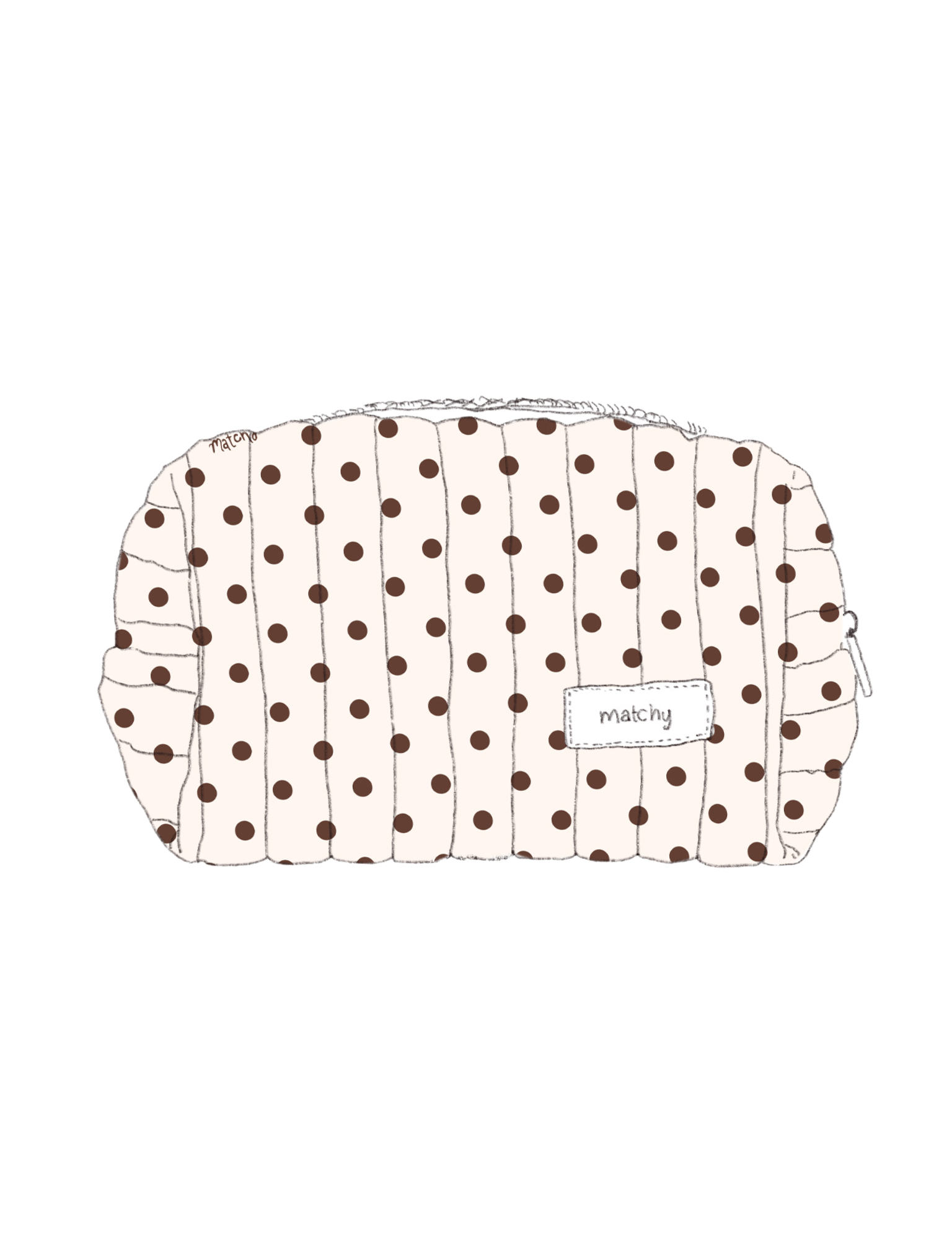 Illustration of a padded quilted carry-all bag in cream with brown polka dots with a 'matchy' label. Matchy Ken Custom Embroidery Carry-All Bag.