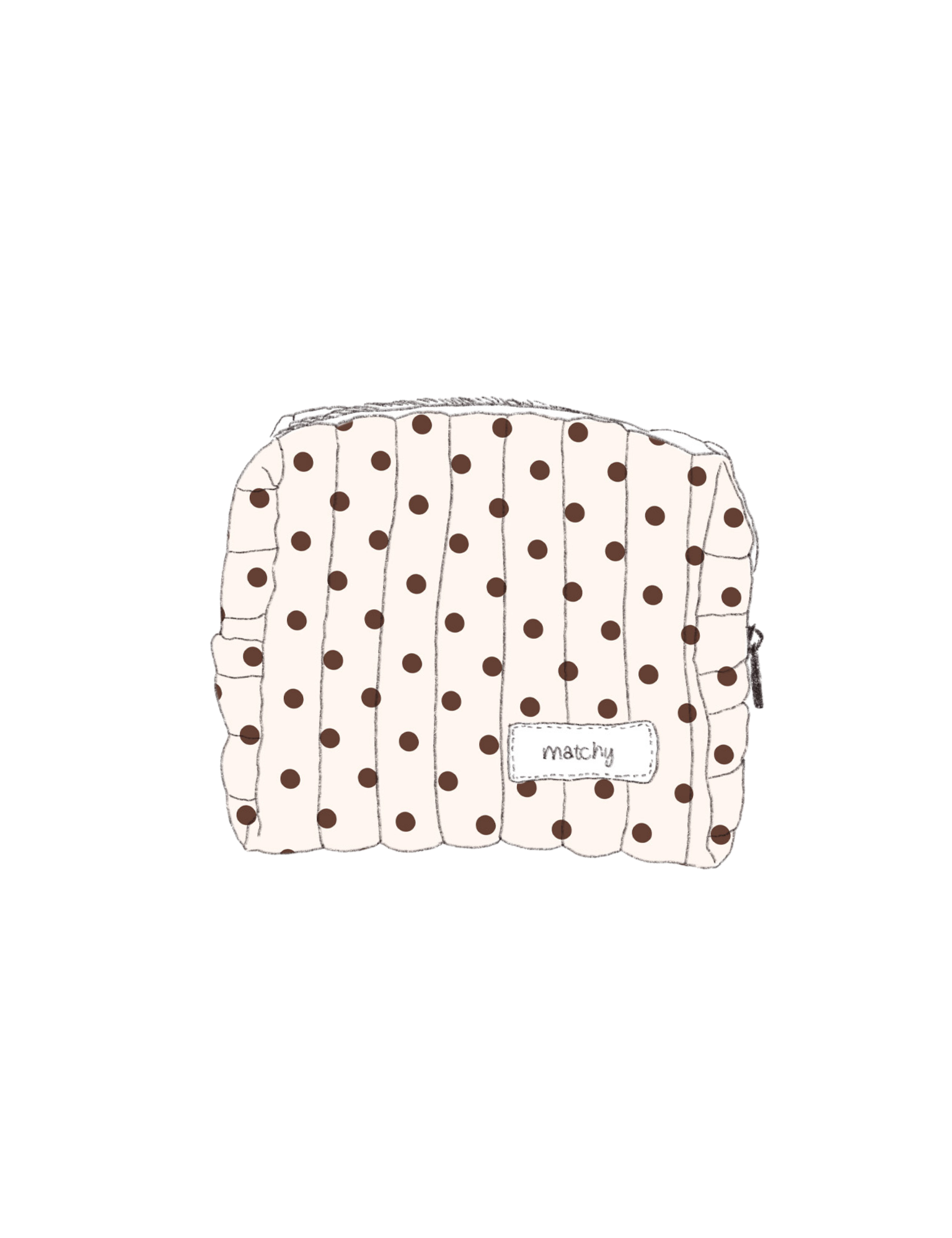 Illustration of a padded quilted small carry-all bag in cream with brown polka dots with a 'matchy' label. Matchy Ken Custom Embroidery Carry-All Bag.